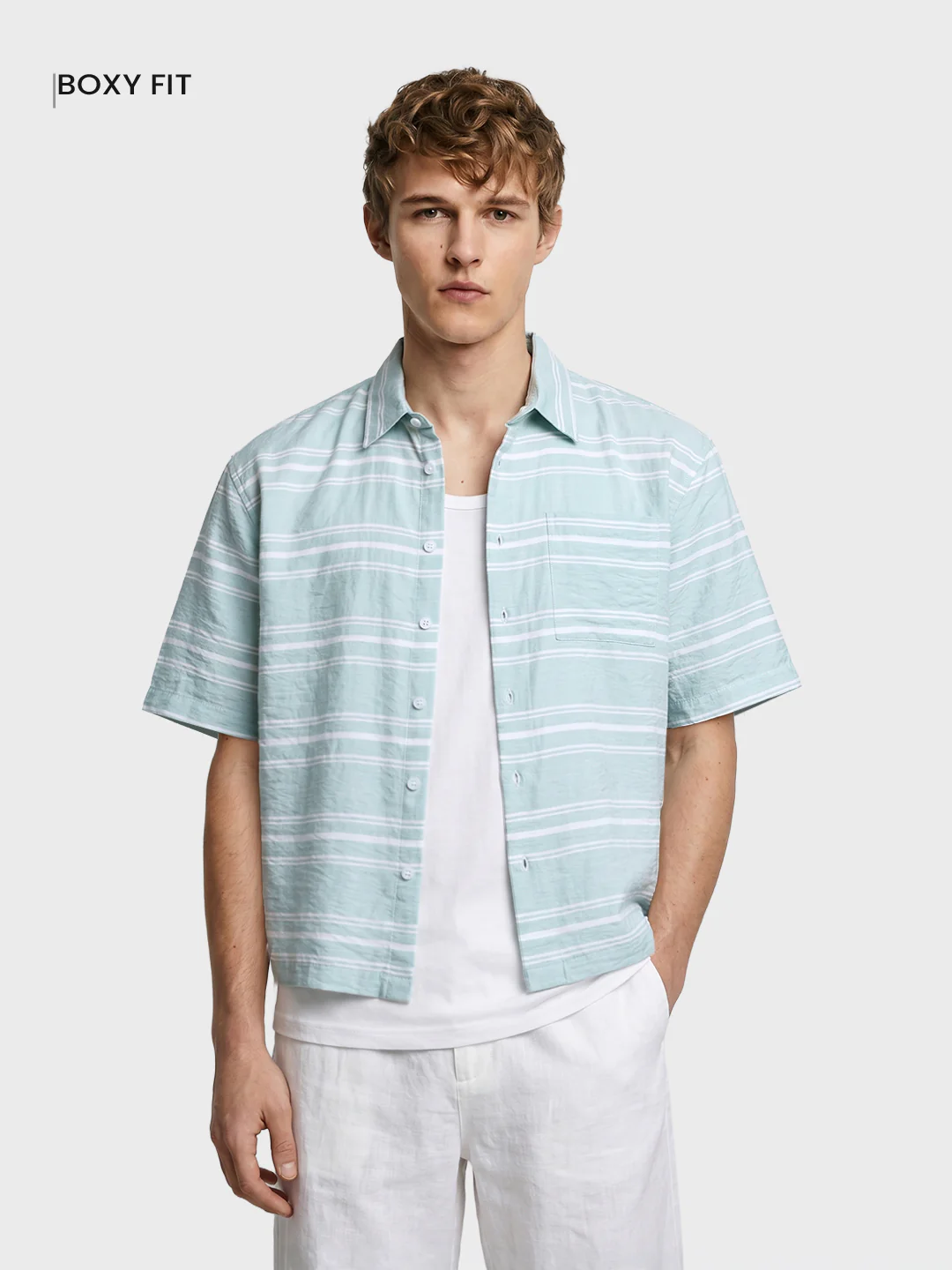 Men's Green Boxy Fit Striped Resort Wear Shirt - Image 2