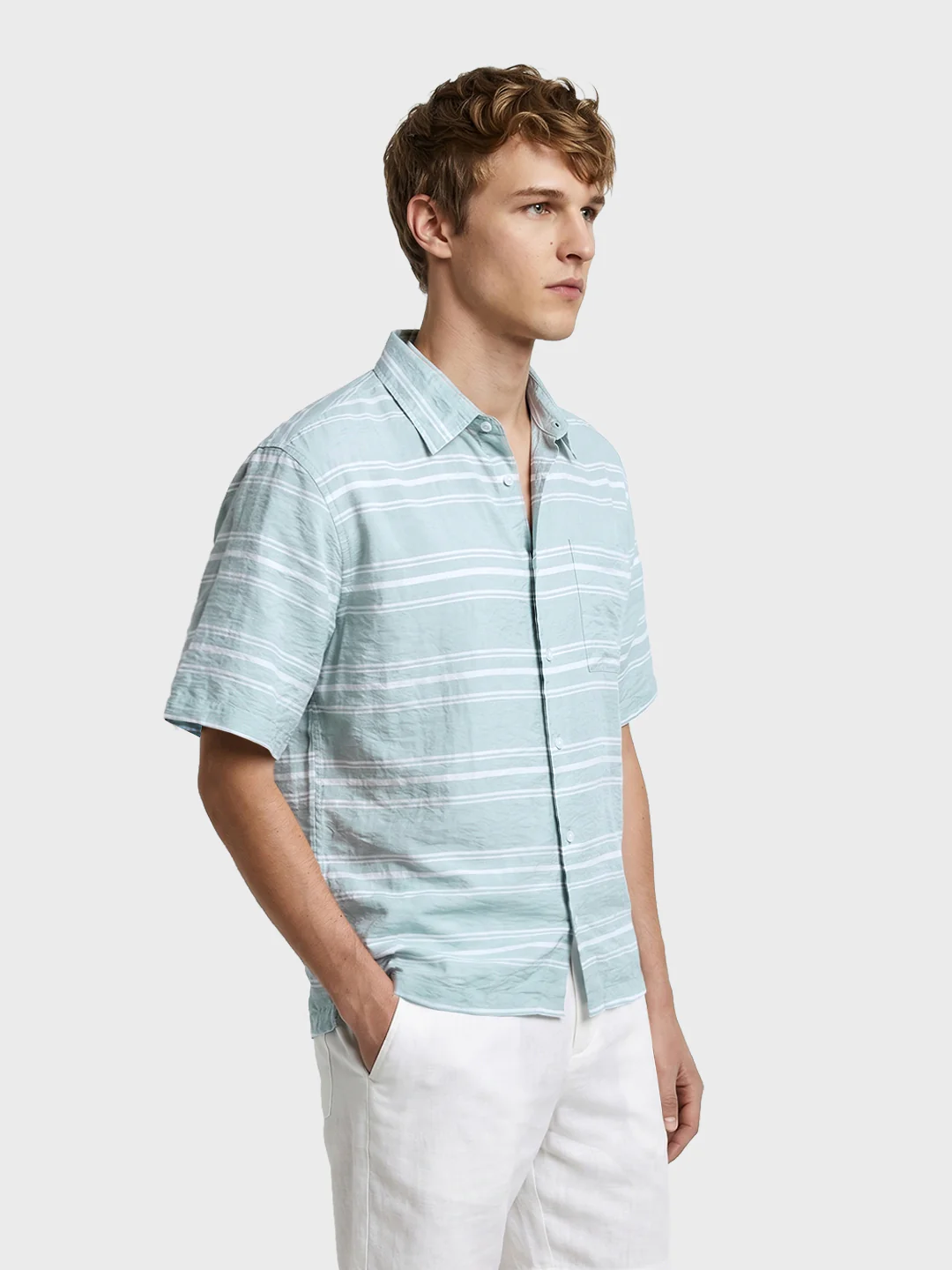 Men's Green Boxy Fit Striped Resort Wear Shirt - Image 4