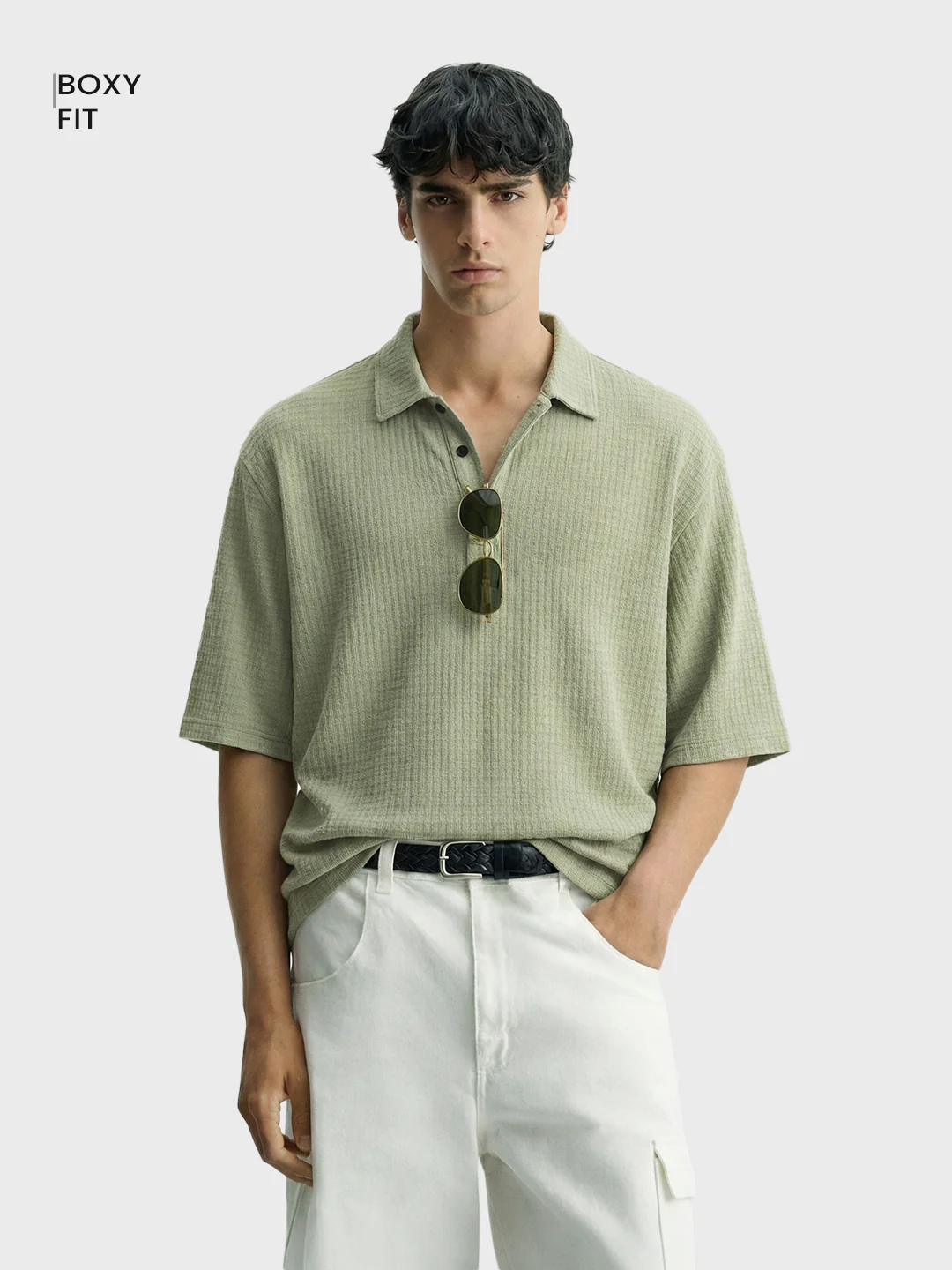 Men's Green Boxy Fit Textured Casual T-Shirt