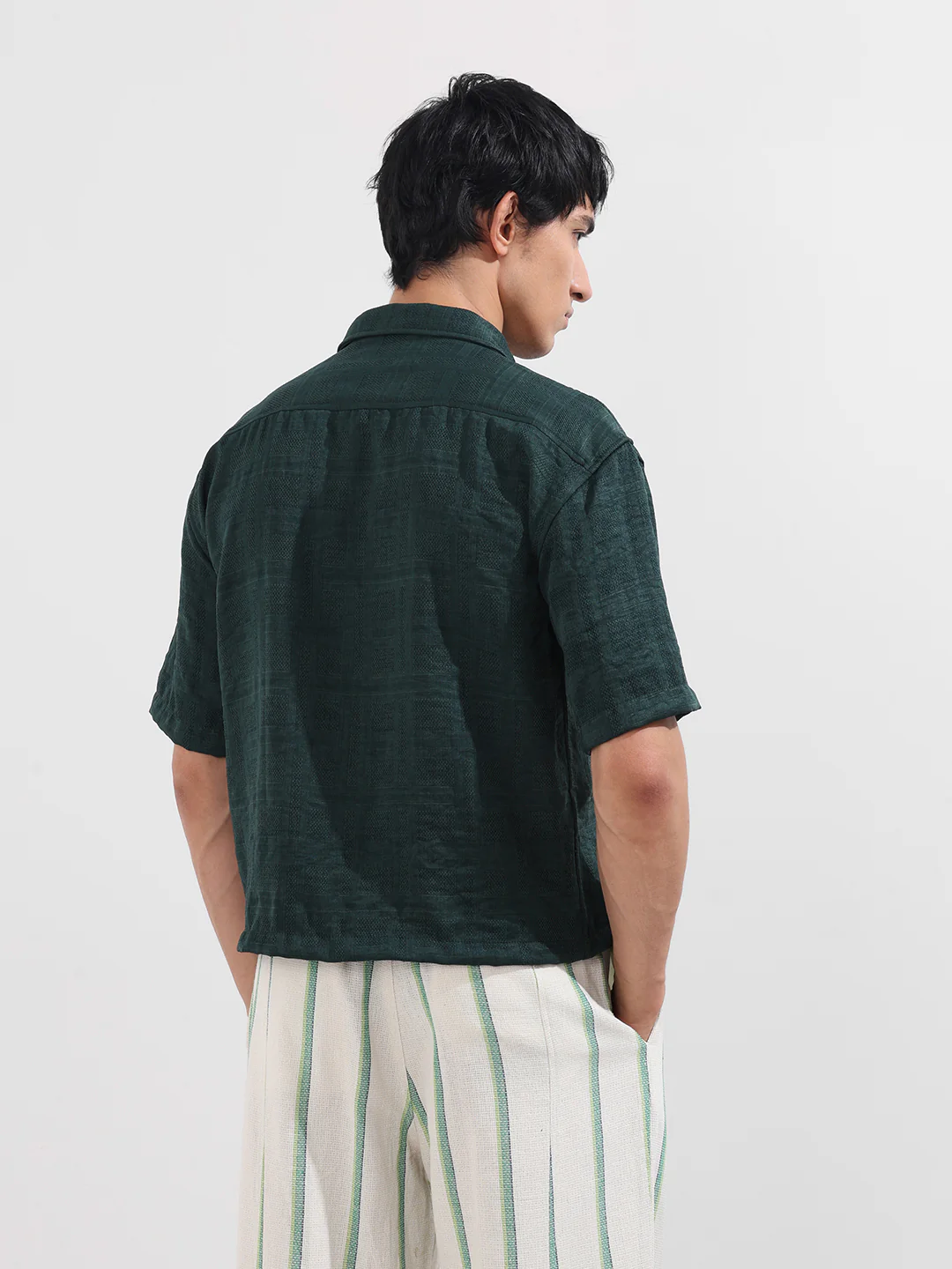 Men's Green Boxy Fit Textured Resort Wear Shirt - Image 6
