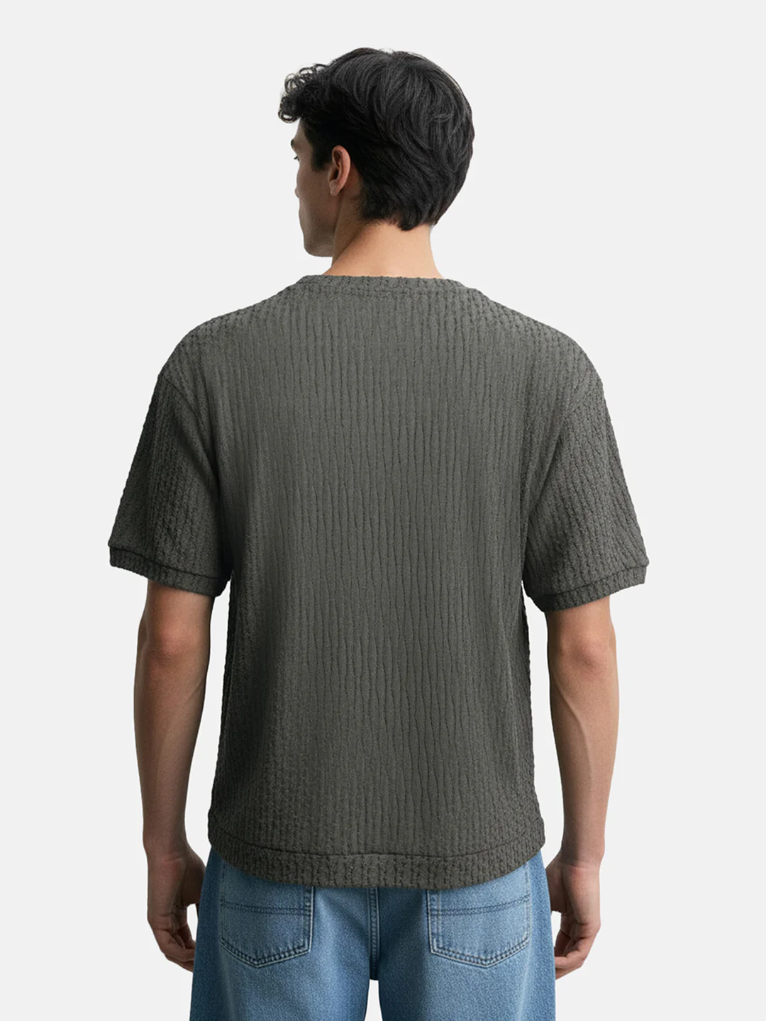 Men's Green Boxy Fit Textured Resort Wear T-Shirt - Image 5