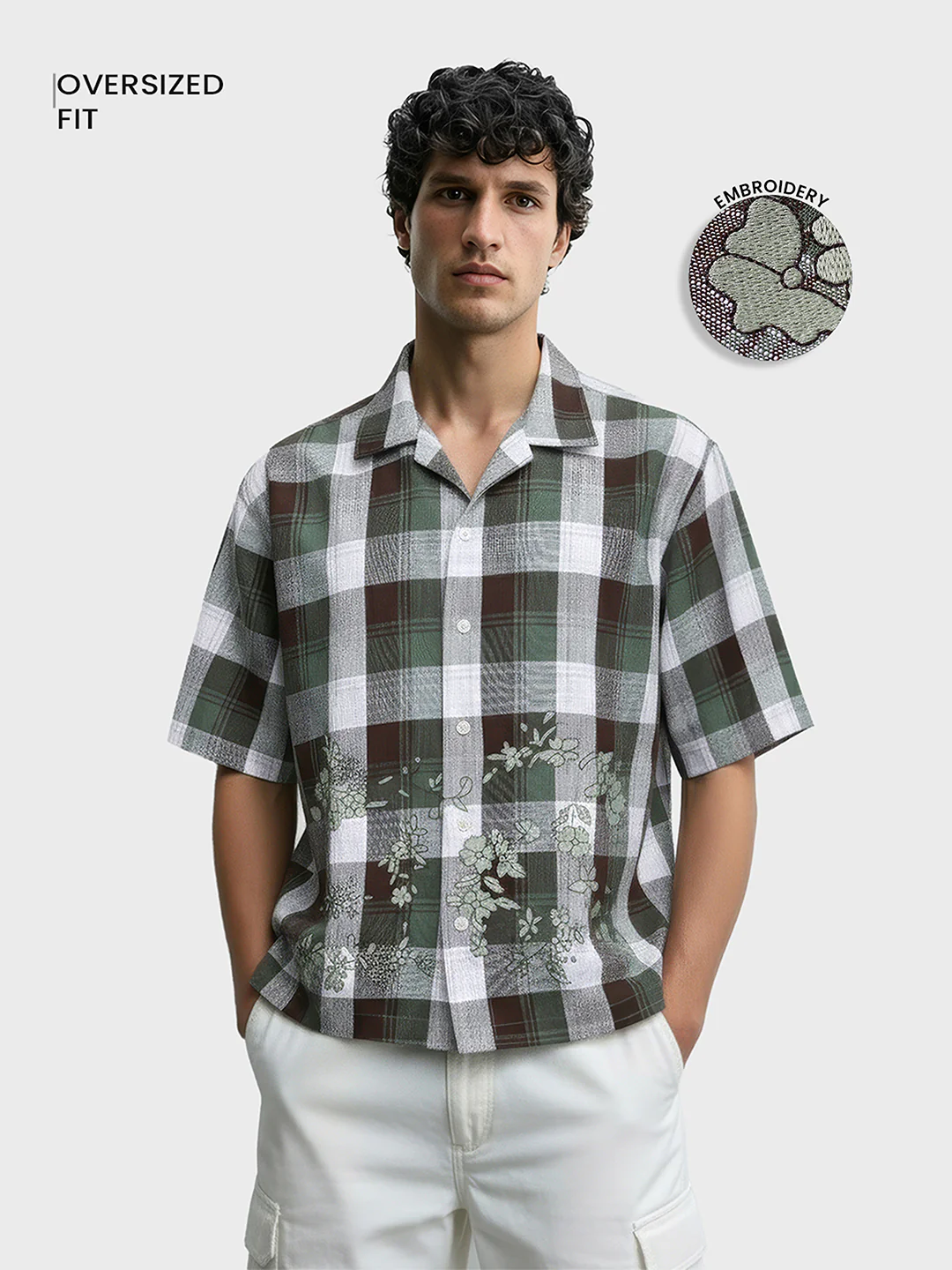 Men's Green Oversized Fit Embroidered Resort Wear Shirt