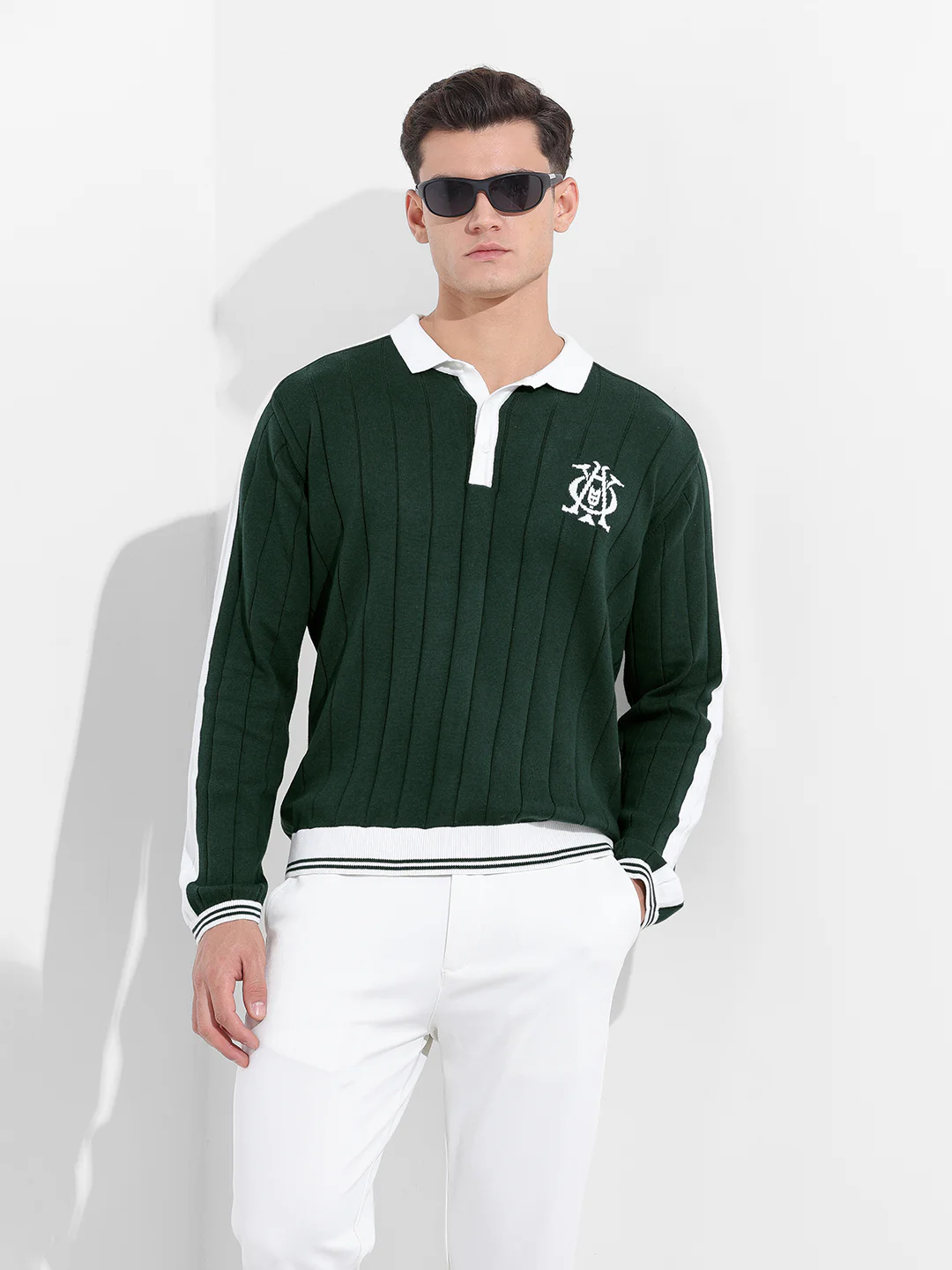 Men's Bottle Green Oversized Fit Textured Flat Knit Polo T-Shirt - Image 2