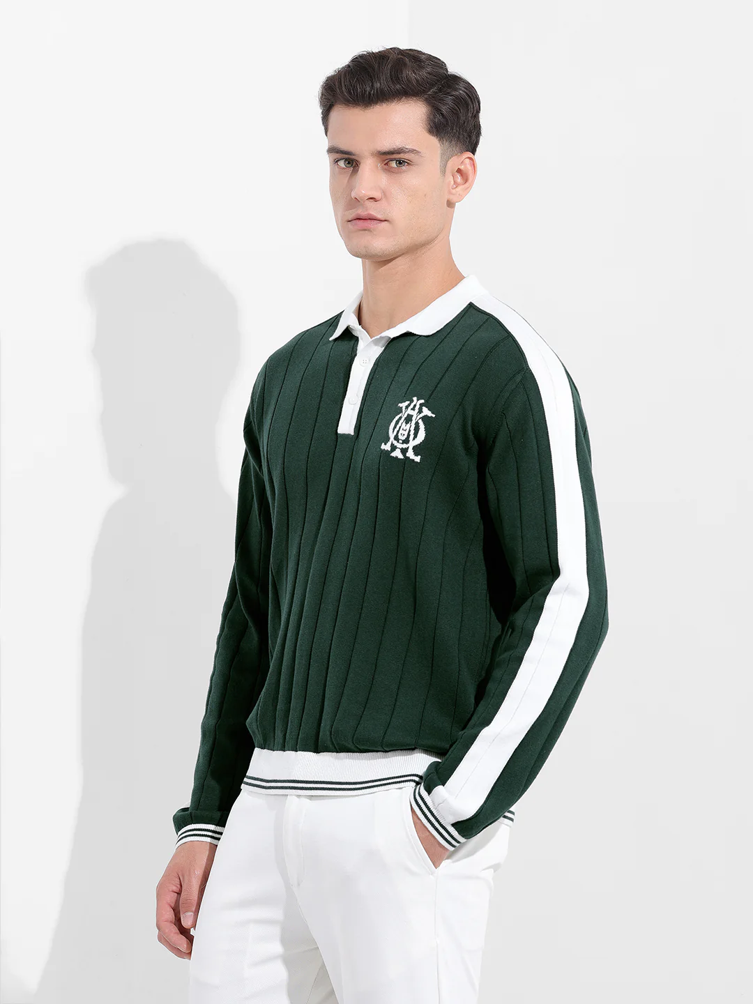 Men's Bottle Green Oversized Fit Textured Flat Knit Polo T-Shirt - Image 4