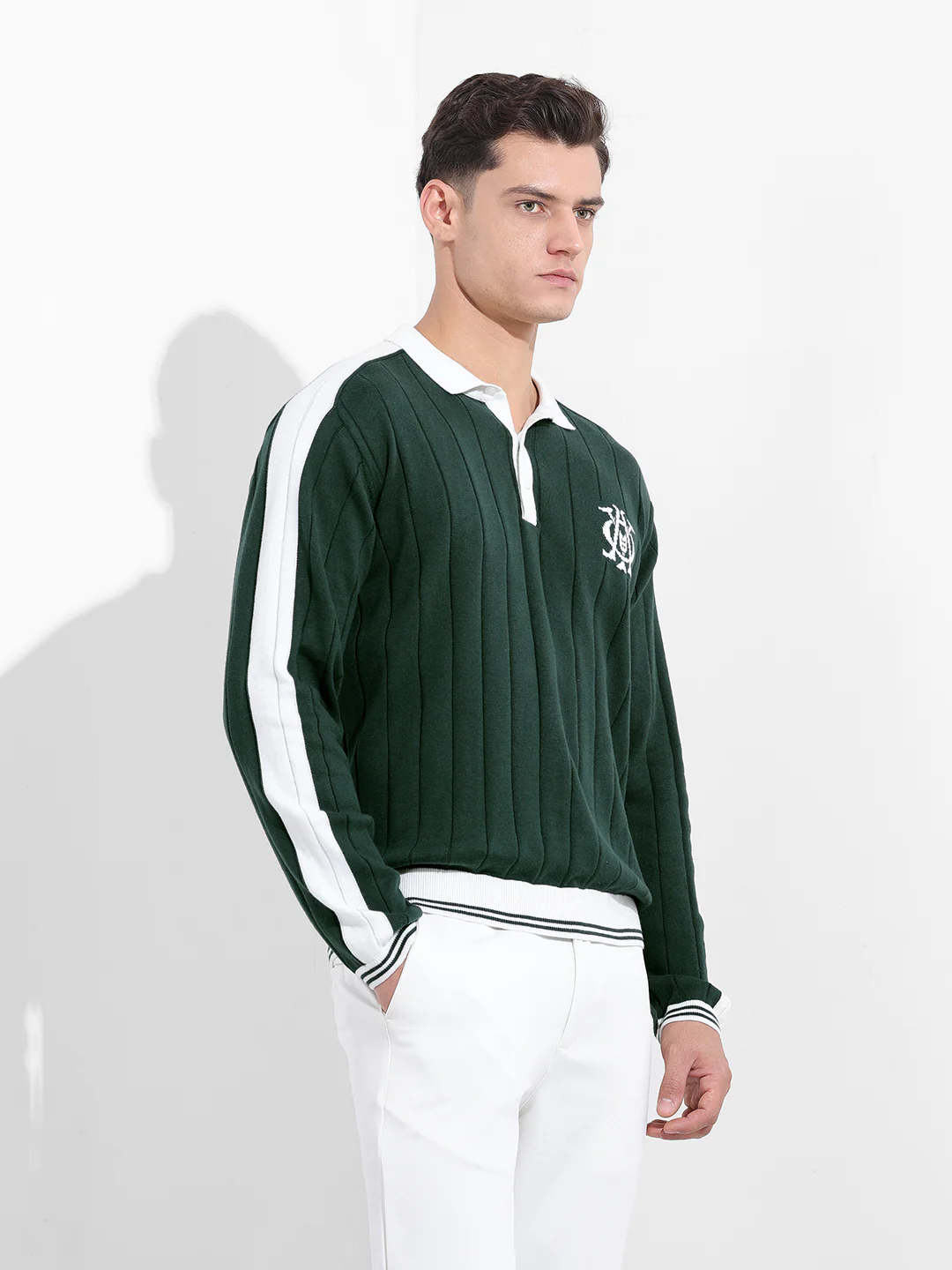 Men's Bottle Green Oversized Fit Textured Flat Knit Polo T-Shirt - Image 5