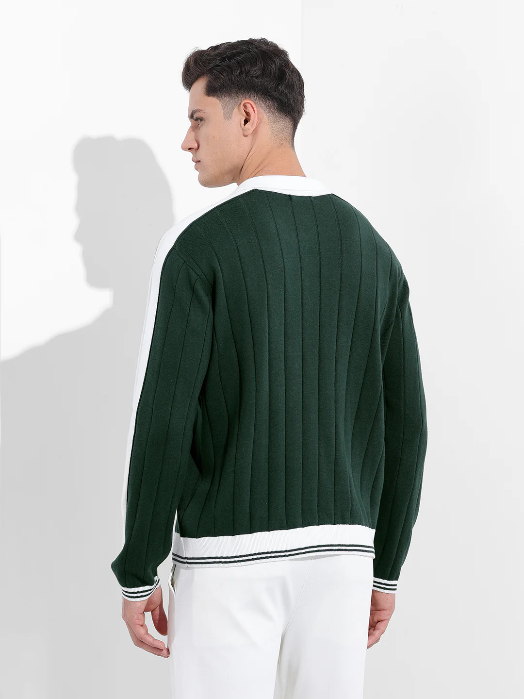 Men's Bottle Green Oversized Fit Textured Flat Knit Polo T-Shirt - Image 6