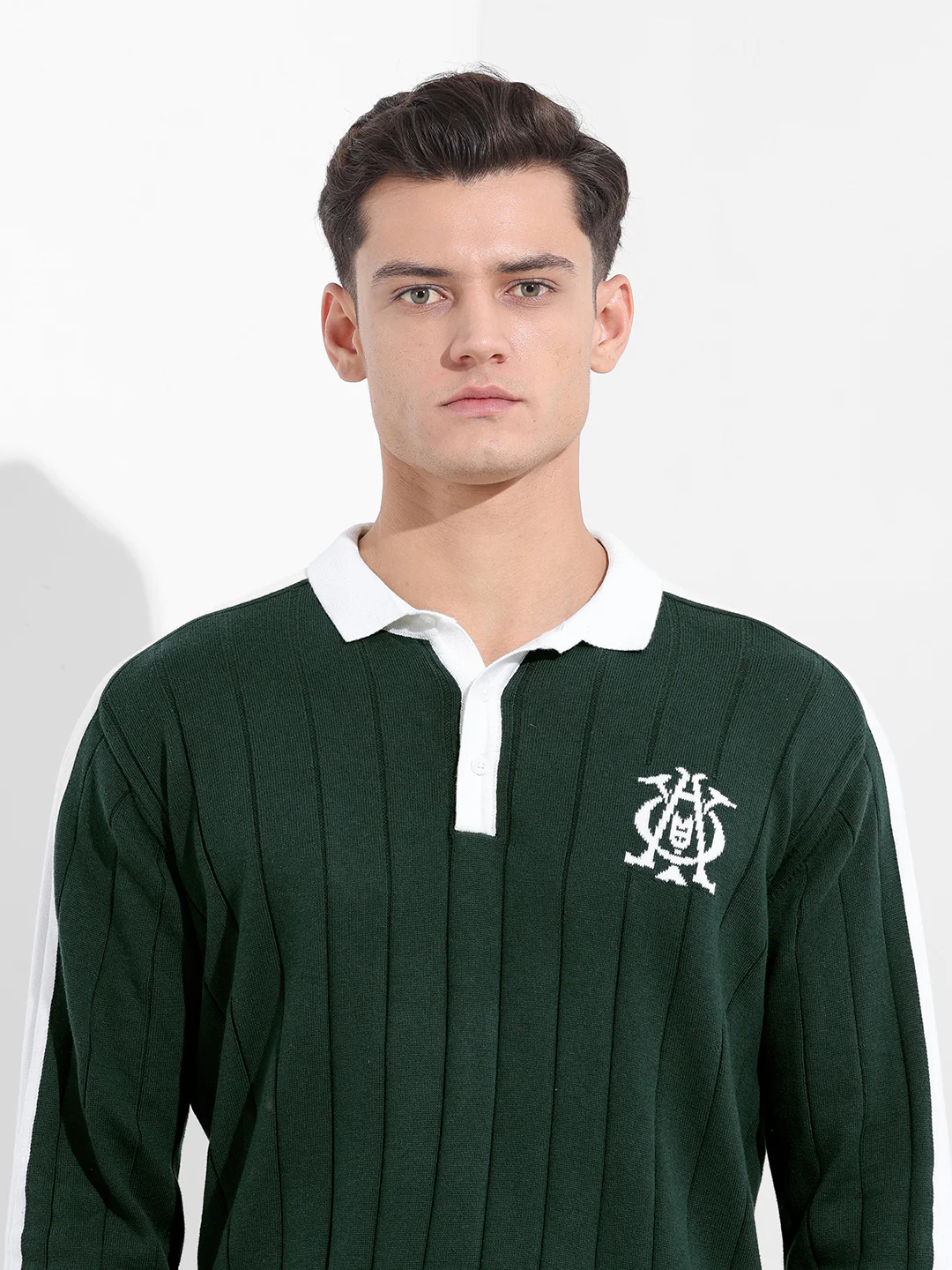 Men's Bottle Green Oversized Fit Textured Flat Knit Polo T-Shirt - Image 7