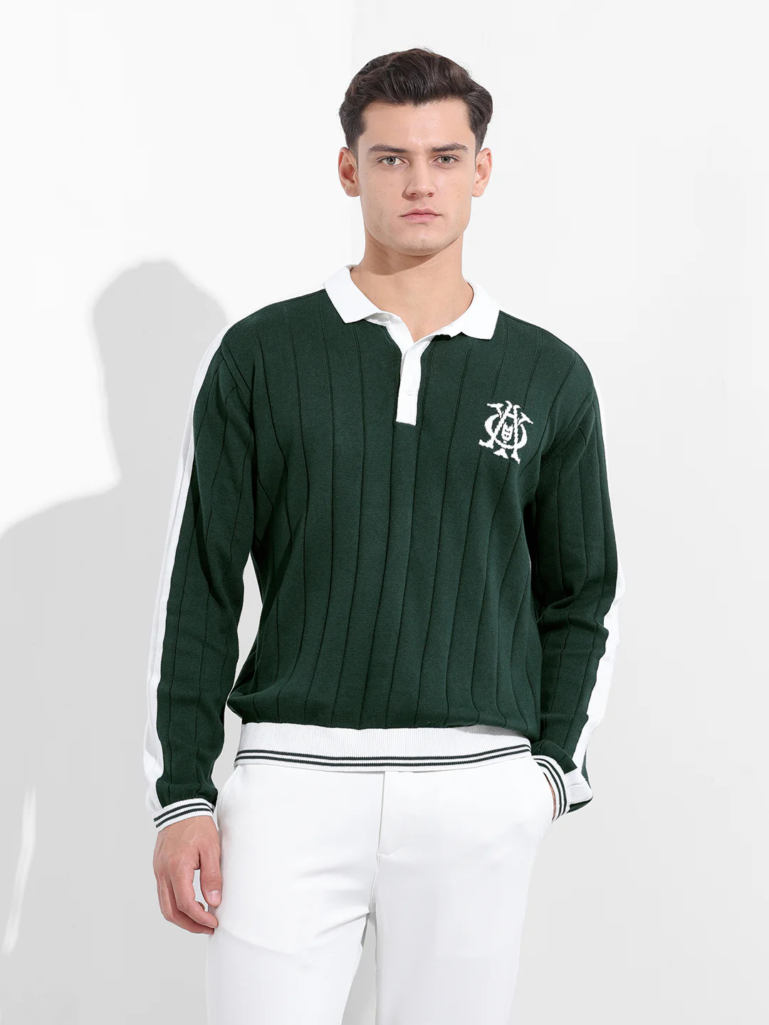 Men's Bottle Green Oversized Fit Textured Flat Knit Polo T-Shirt - Image 8