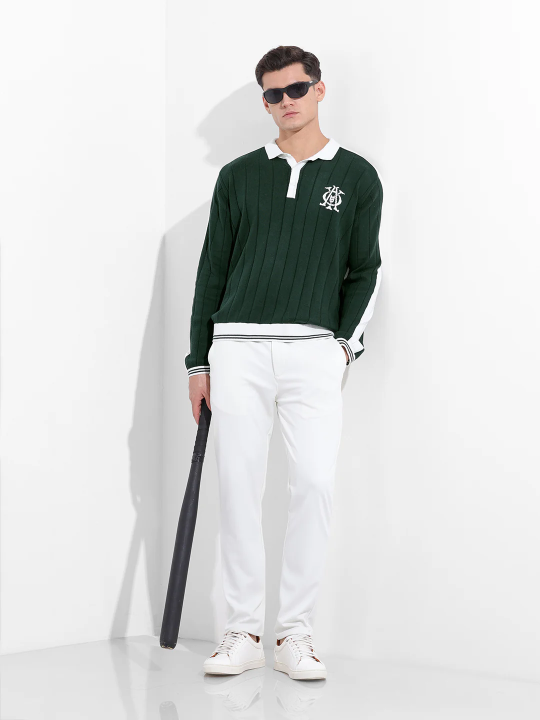 Men's Bottle Green Oversized Fit Textured Flat Knit Polo T-Shirt - Image 9