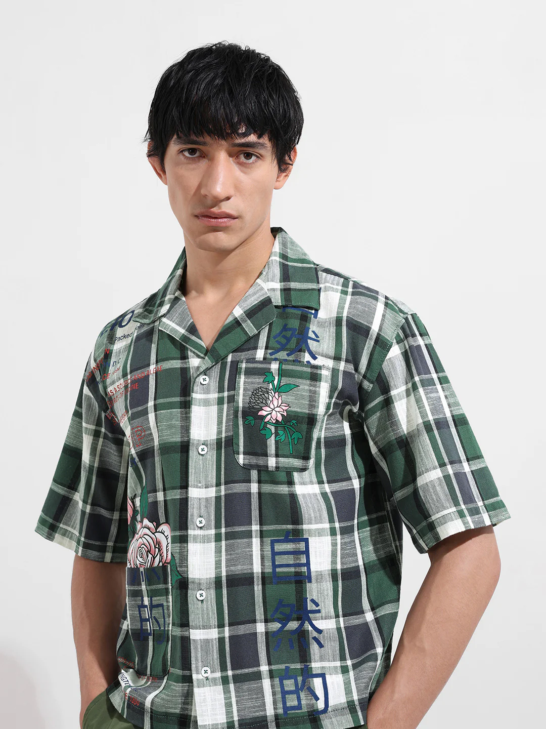 Men's Green Oversized Fit Resort Wear Checked Shirt - Image 6