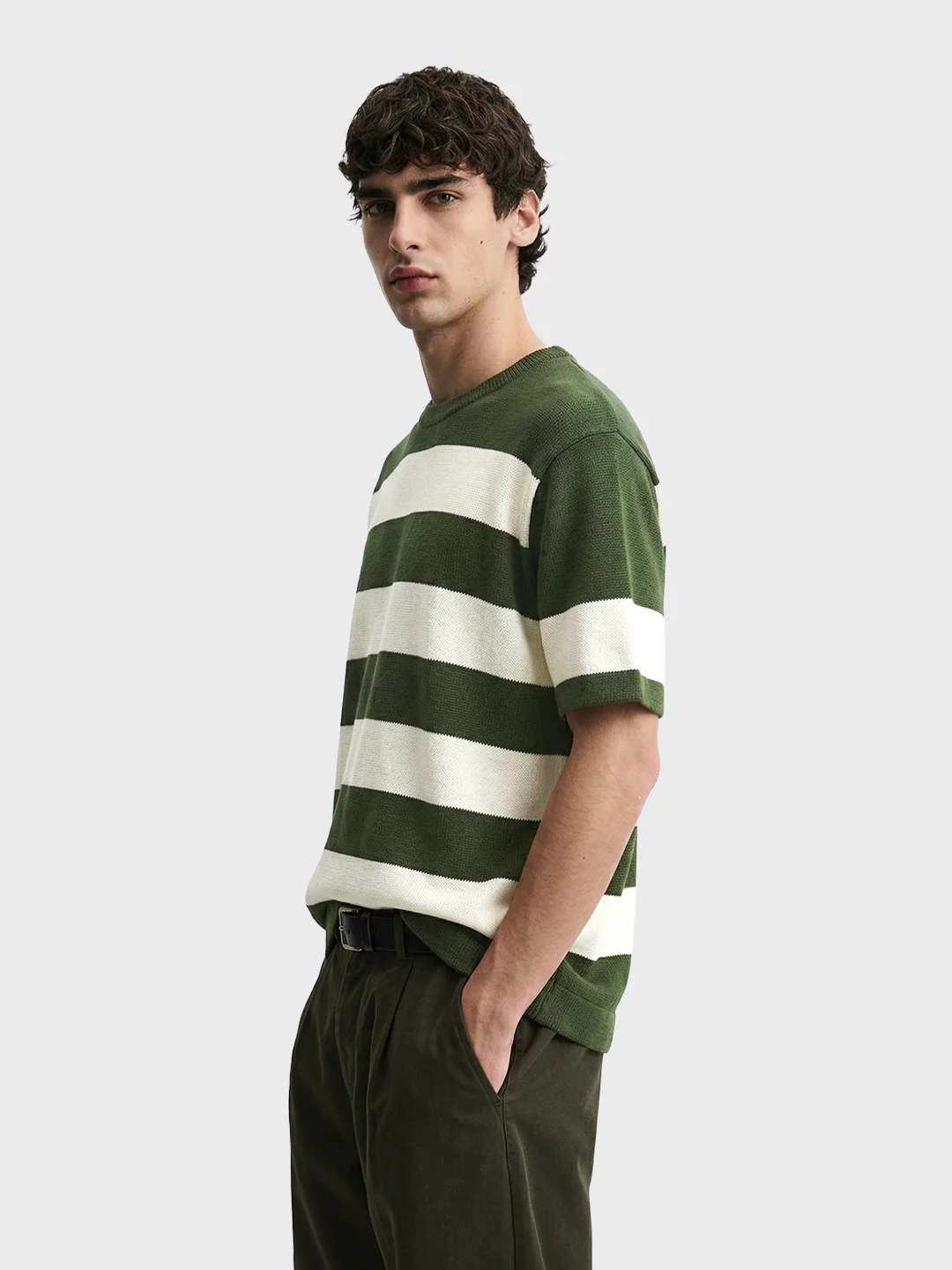Men's Green Oversized Fit Striped Casual T-Shirt - Image 4