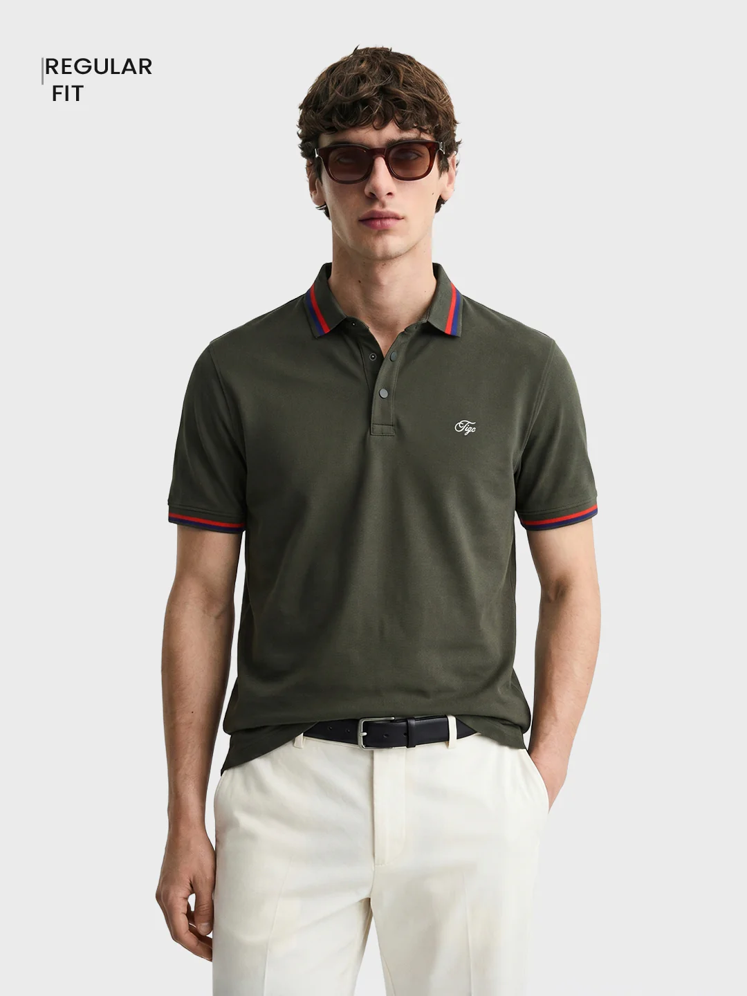 Men's Olive Regular Fit Solid Casual Polo T-Shirts - Image 2