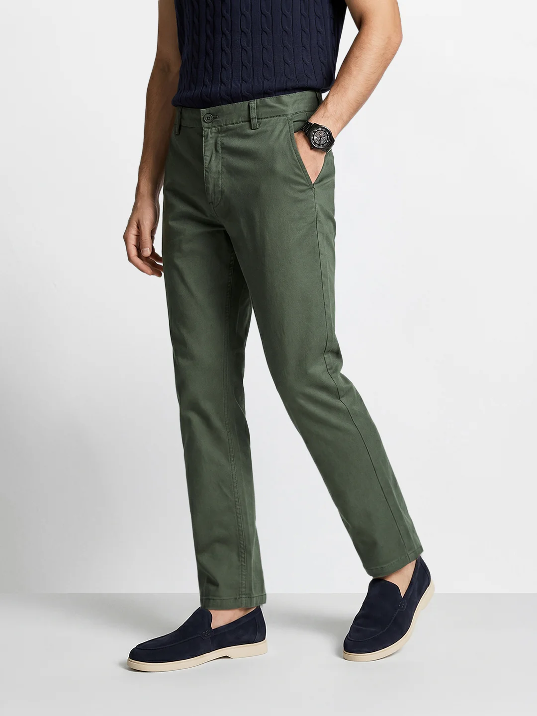 Men's Green Regular Fit Solid Casual Chinos - Image 4