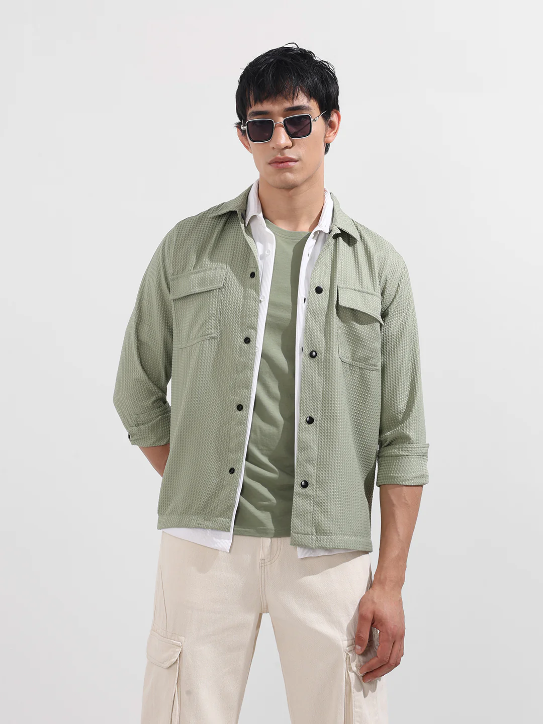 Men's Green Regular Fit Textured Casual Shirt