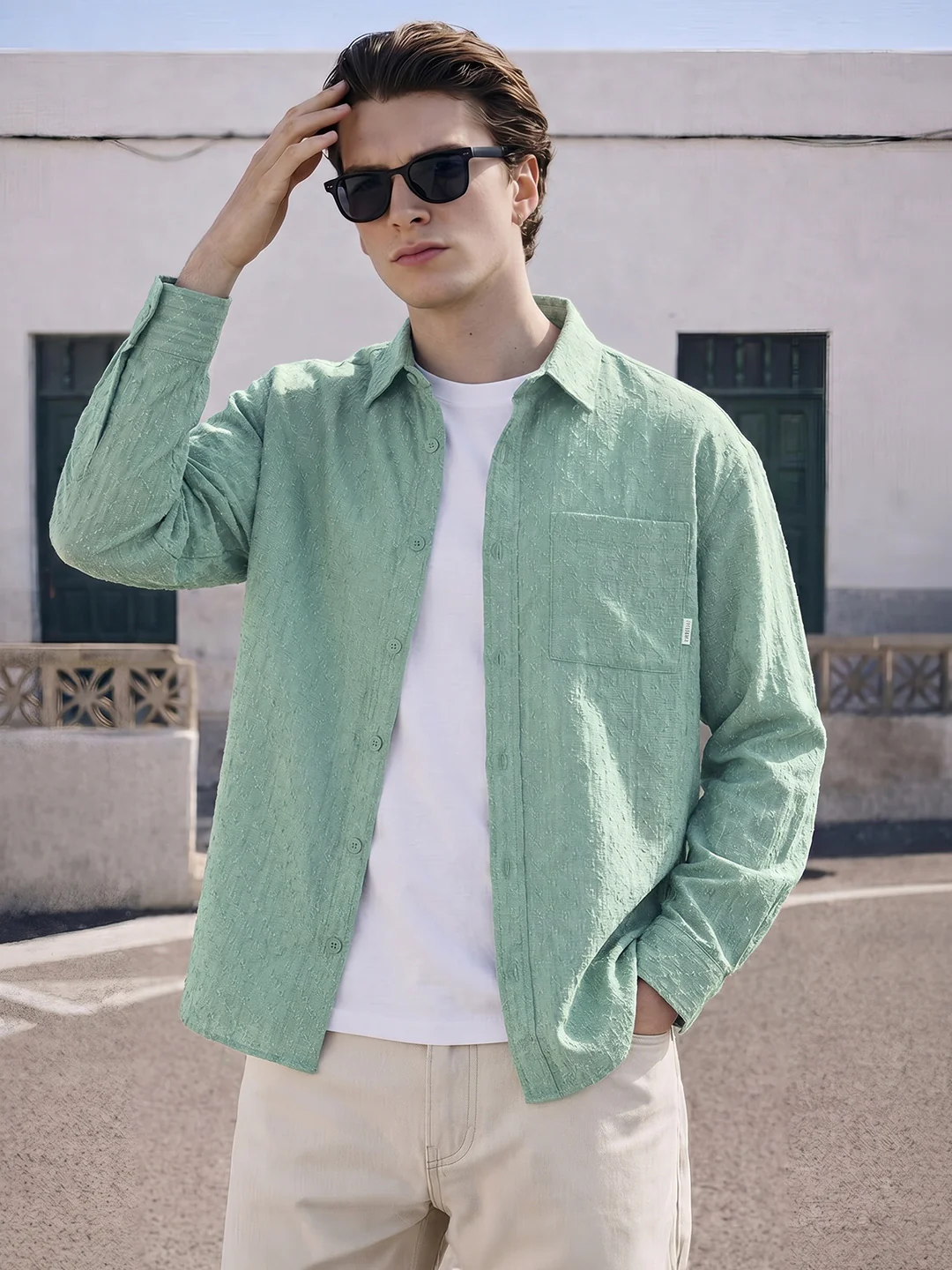 Men's Green Oversized Fit Textured Casual Shirts