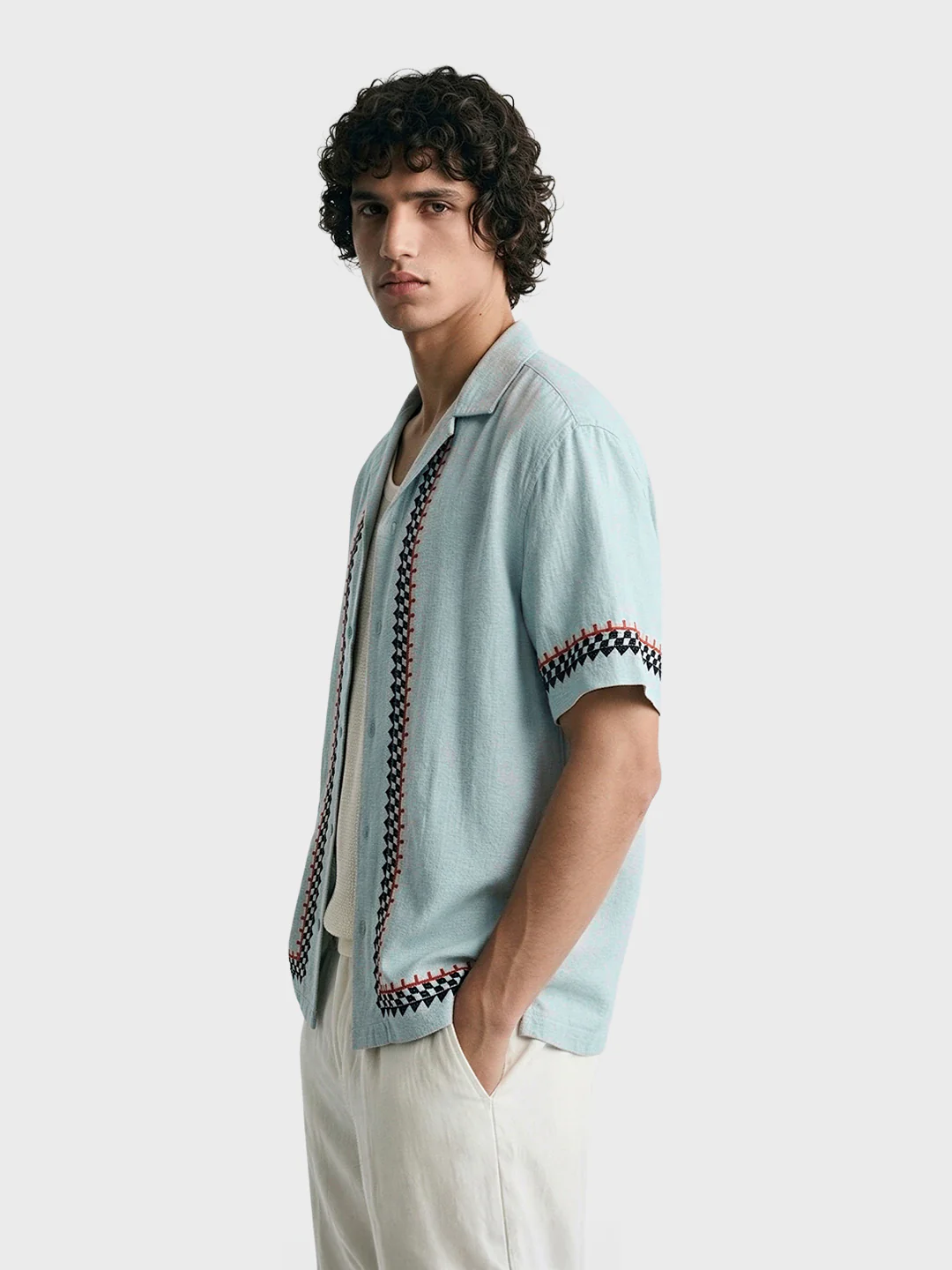 Men's Green Relaxed Fit Embroidered Casual Shirt - Image 4