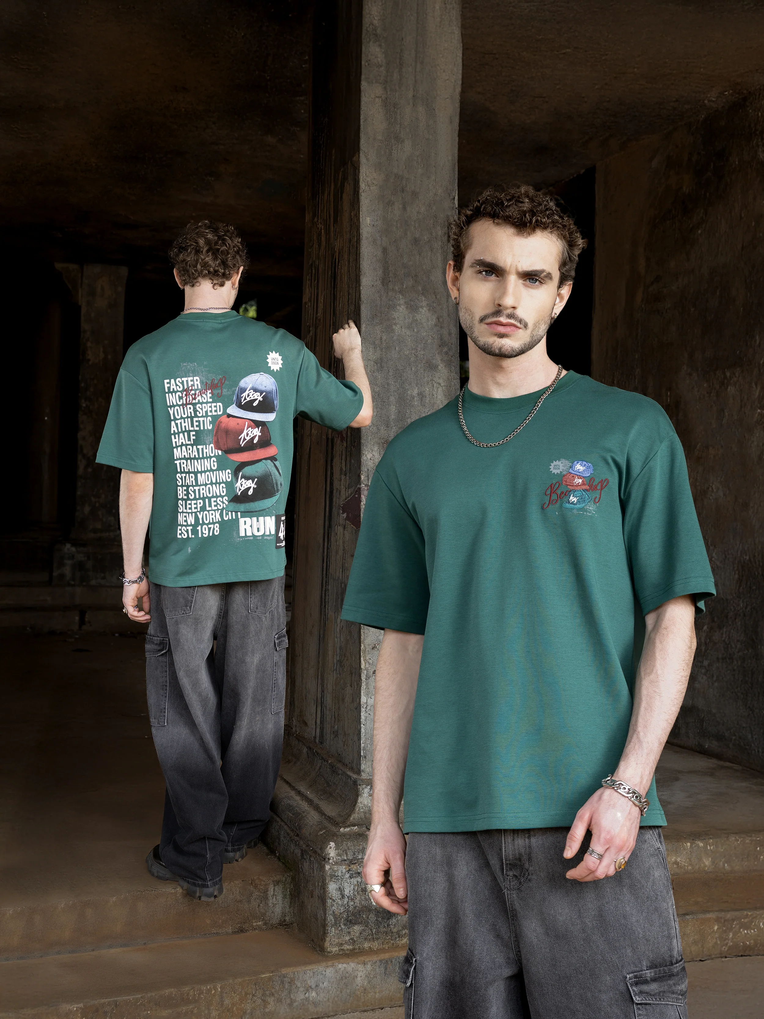 Men's Green Relaxed Fit Embroided 240 GSM Street Wear T-Shirt - Image 3