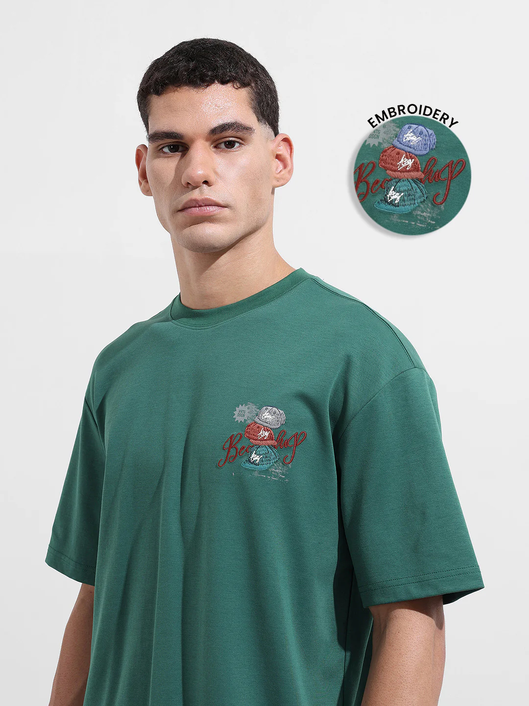 Men's Green Relaxed Fit Embroided 240 GSM Street Wear T-Shirt - Image 4