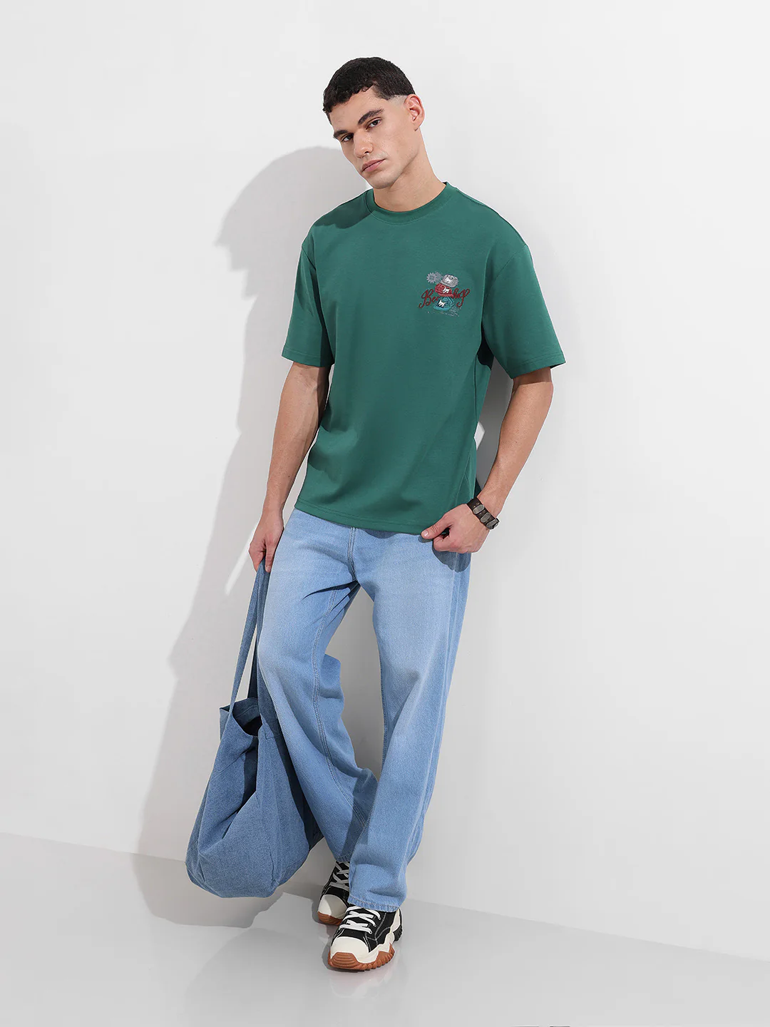 Men's Green Relaxed Fit Embroided 240 GSM Street Wear T-Shirt - Image 5