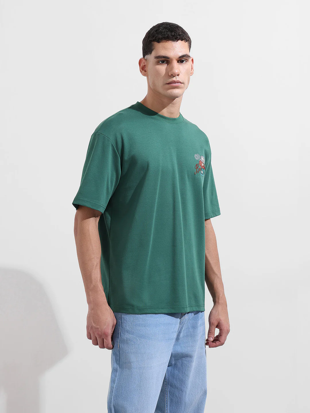 Men's Green Relaxed Fit Embroided 240 GSM Street Wear T-Shirt - Image 6