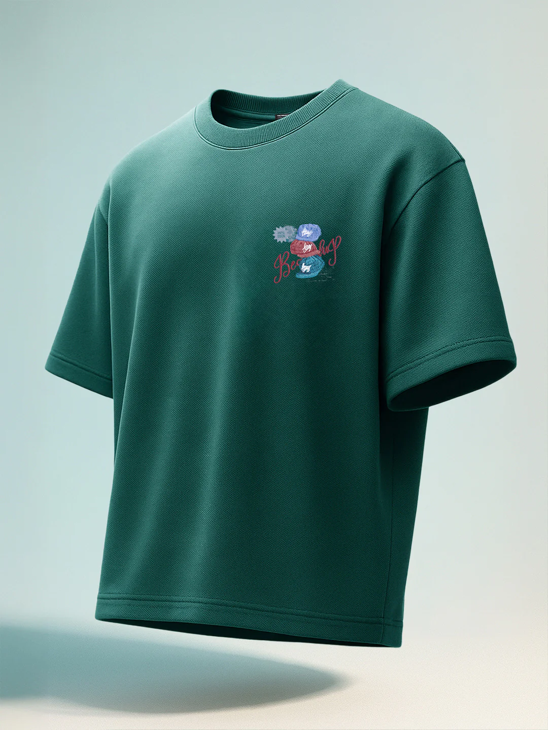 Men's Green Relaxed Fit Embroided 240 GSM Street Wear T-Shirt - Image 8