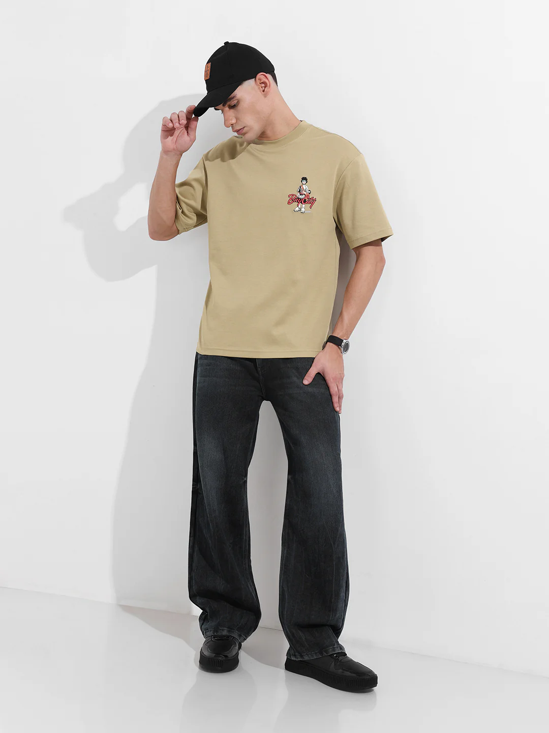 Men's Green Relaxed Fit Embroided 240 GSM Street Wear T-Shirt - Image 2