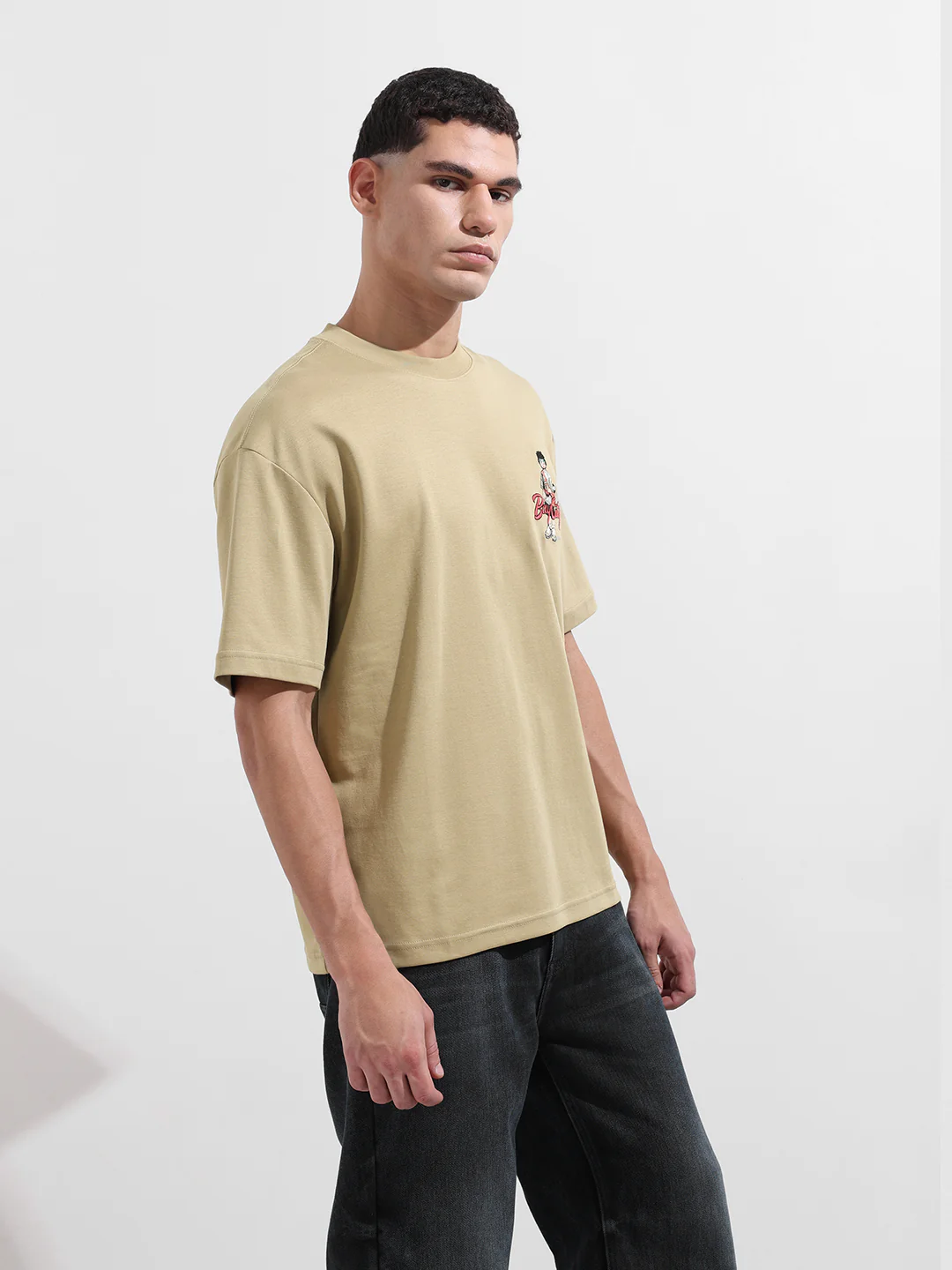 Men's Green Relaxed Fit Embroided 240 GSM Street Wear T-Shirt - Image 3