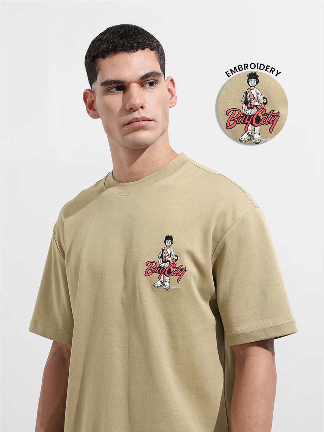 Men's Green Relaxed Fit Embroided 240 GSM Street Wear T-Shirt - Image 4