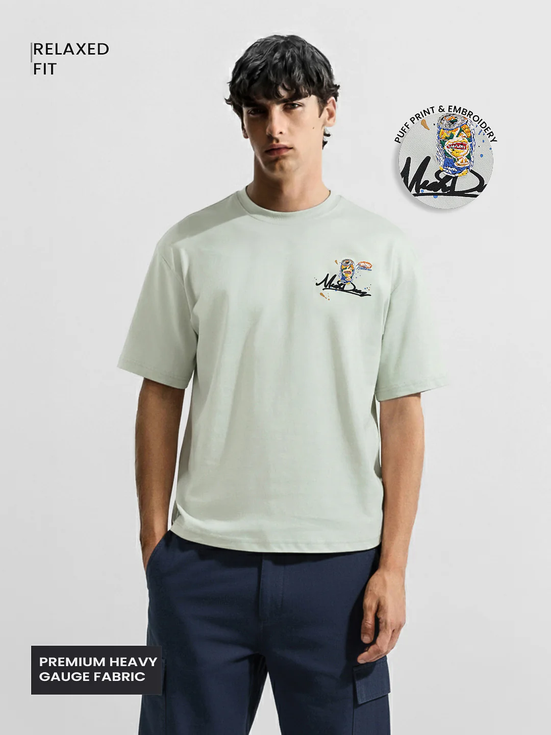 Men's Green Relaxed Fit Embroided 240 GSM Casual T-Shirt - Image 2