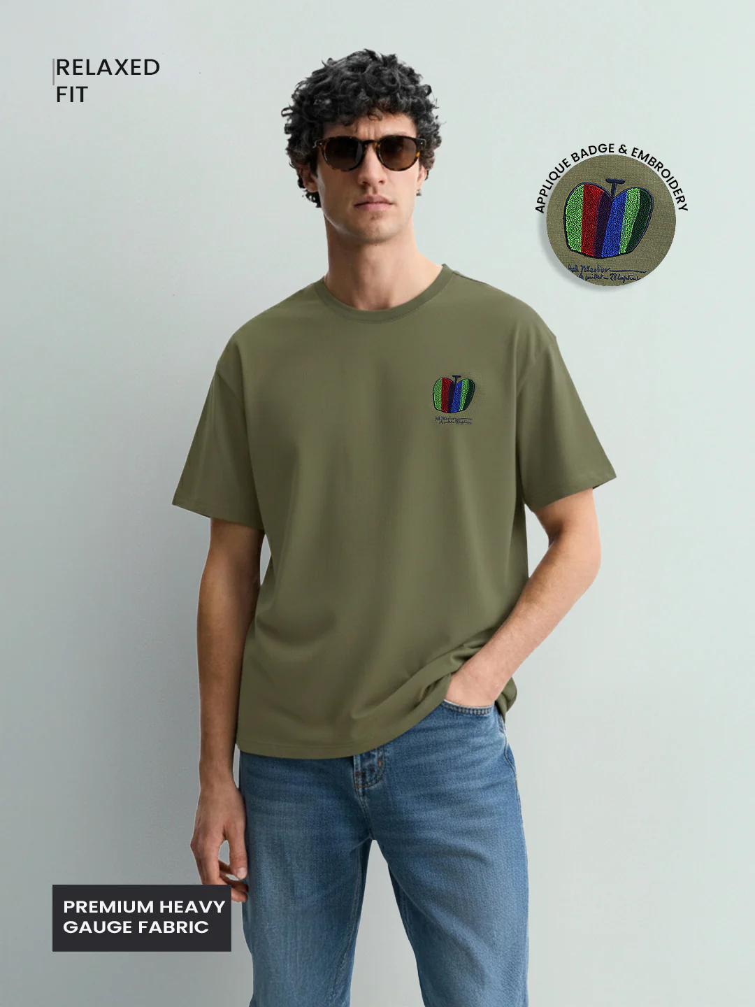 Men's Green Relaxed Fit Embroided 240 GSM Casual T-Shirt - Image 2