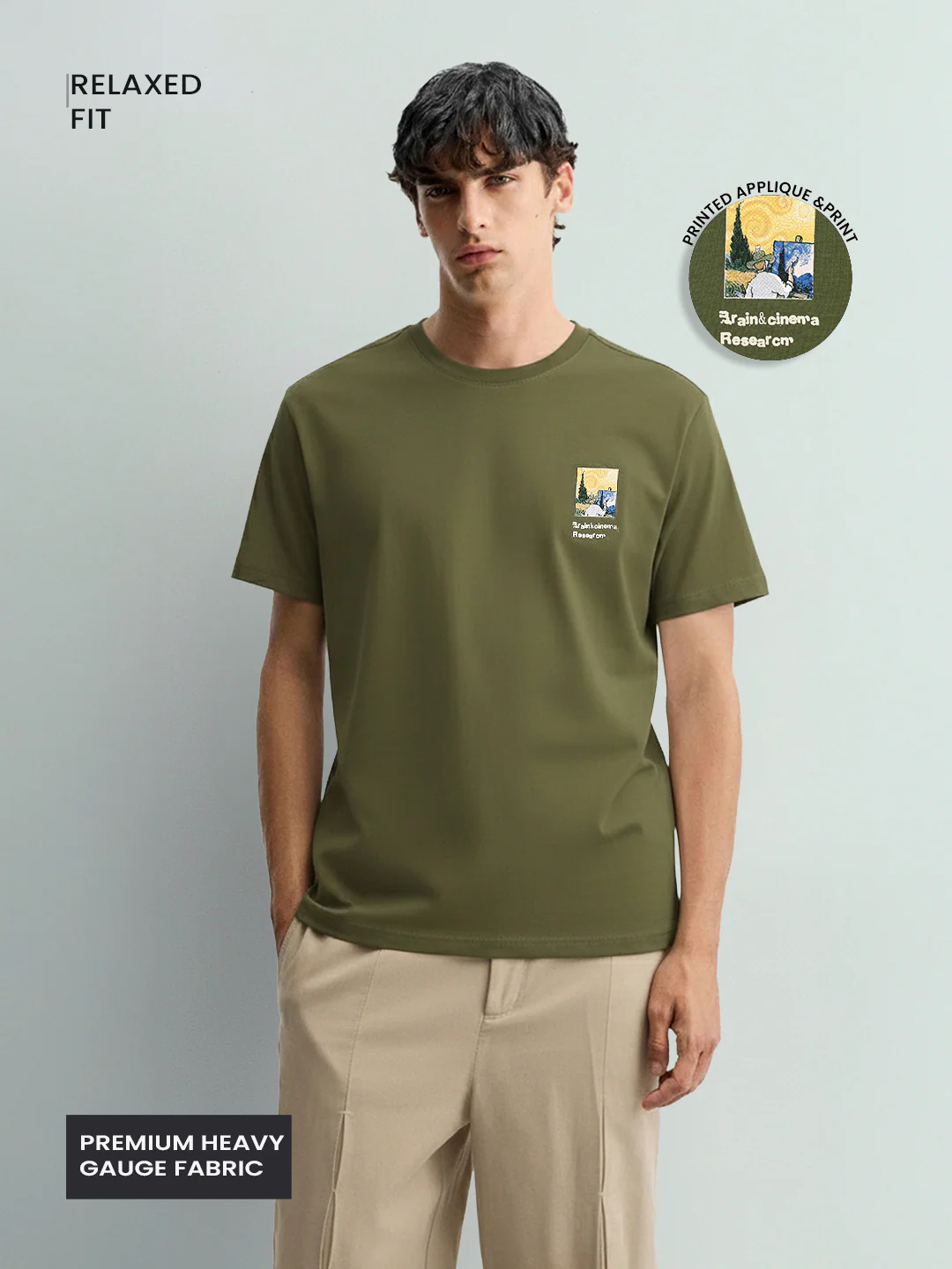 Men's Green Relaxed Fit Embroided 240 GSM Casual T-Shirt - Image 2