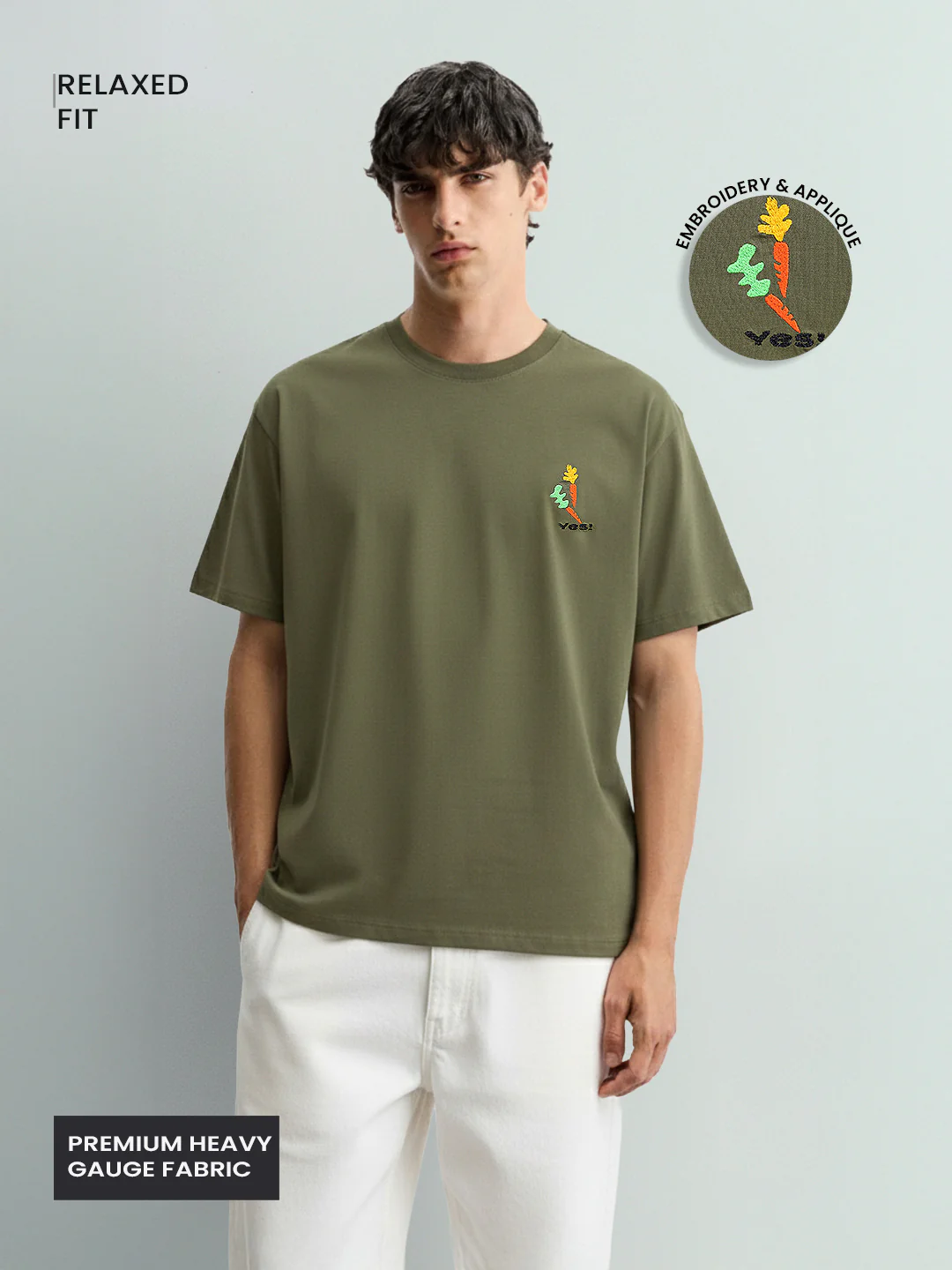 Men's Green Relaxed Fit Embroided 240 GSM Casual T-Shirt - Image 2
