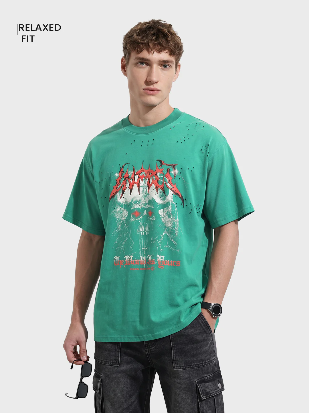 Men's Green Relaxed Fit Graphic Printed 240 GSM Street Wear T-Shirt - Image 2
