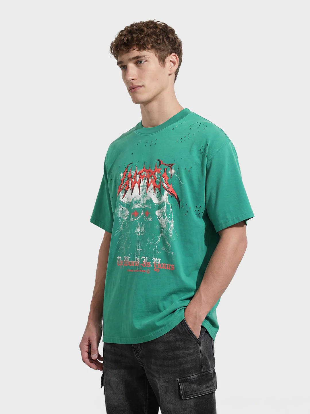 Men's Green Relaxed Fit Graphic Printed 240 GSM Street Wear T-Shirt - Image 4