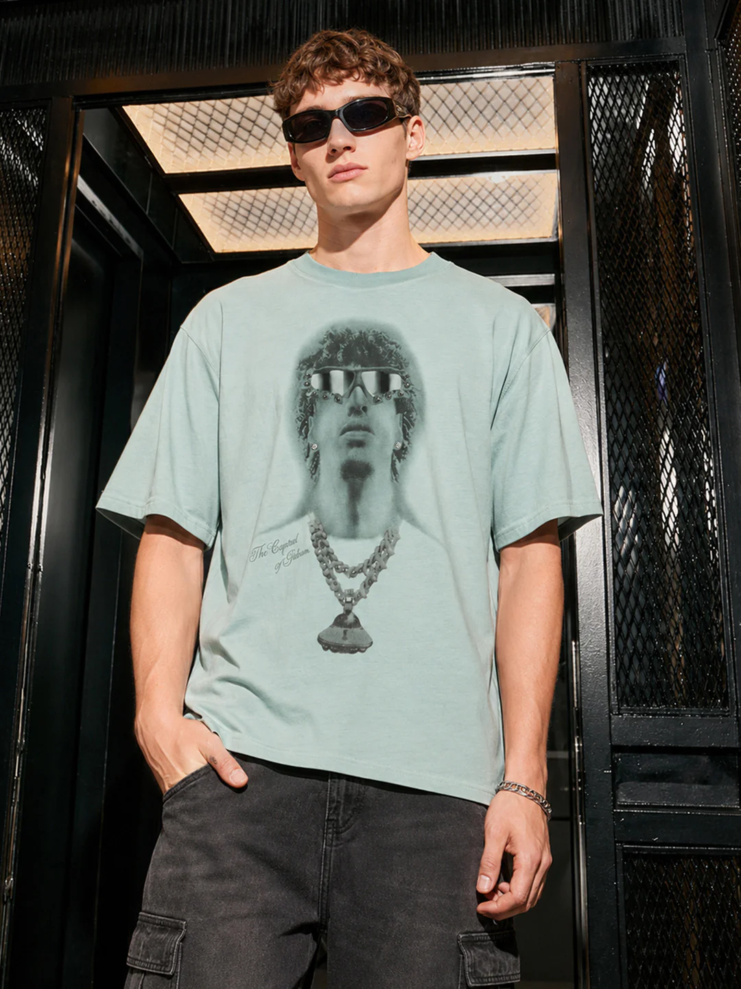 Men's Green Relaxed Fit Graphic Printed 240 GSM Street Wear T-Shirt