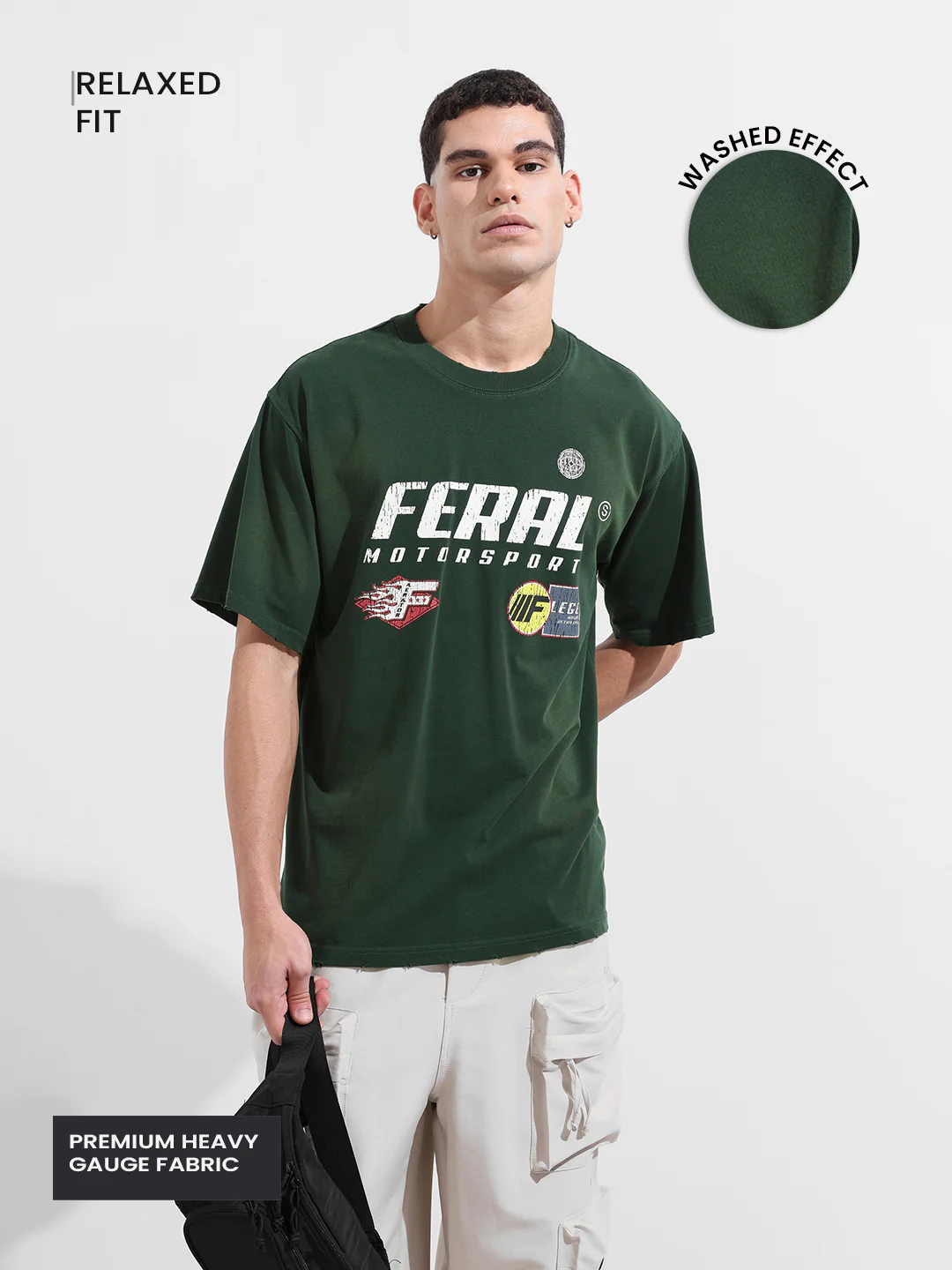 Men's Green Relaxed Fit Graphic Printed 240 GSM Street Wear T-Shirt - Image 3
