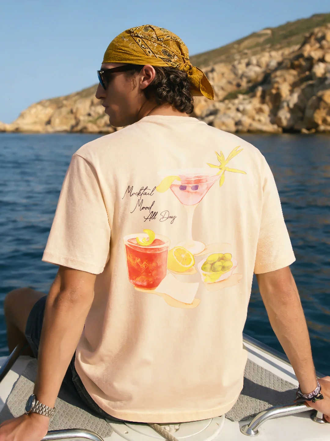Men's Cream Relaxed Fit Embroidered Casual T-Shirt