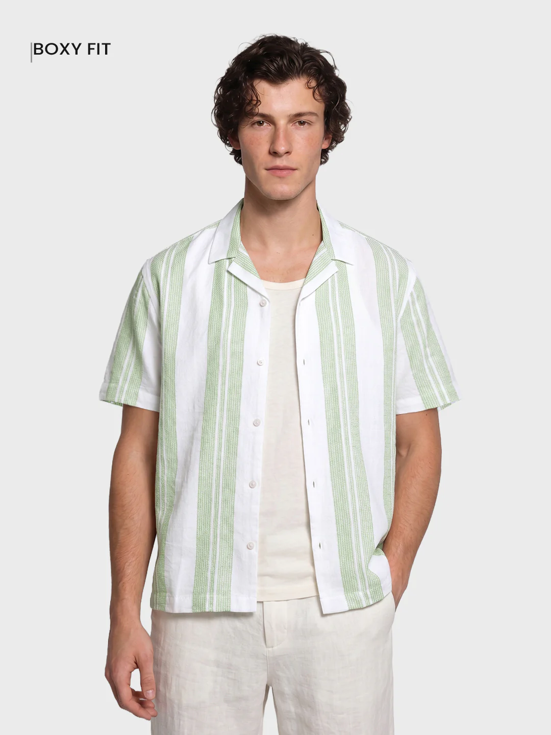 Men's Green Relaxed Fit Striped Resort Wear Shirt - Image 2