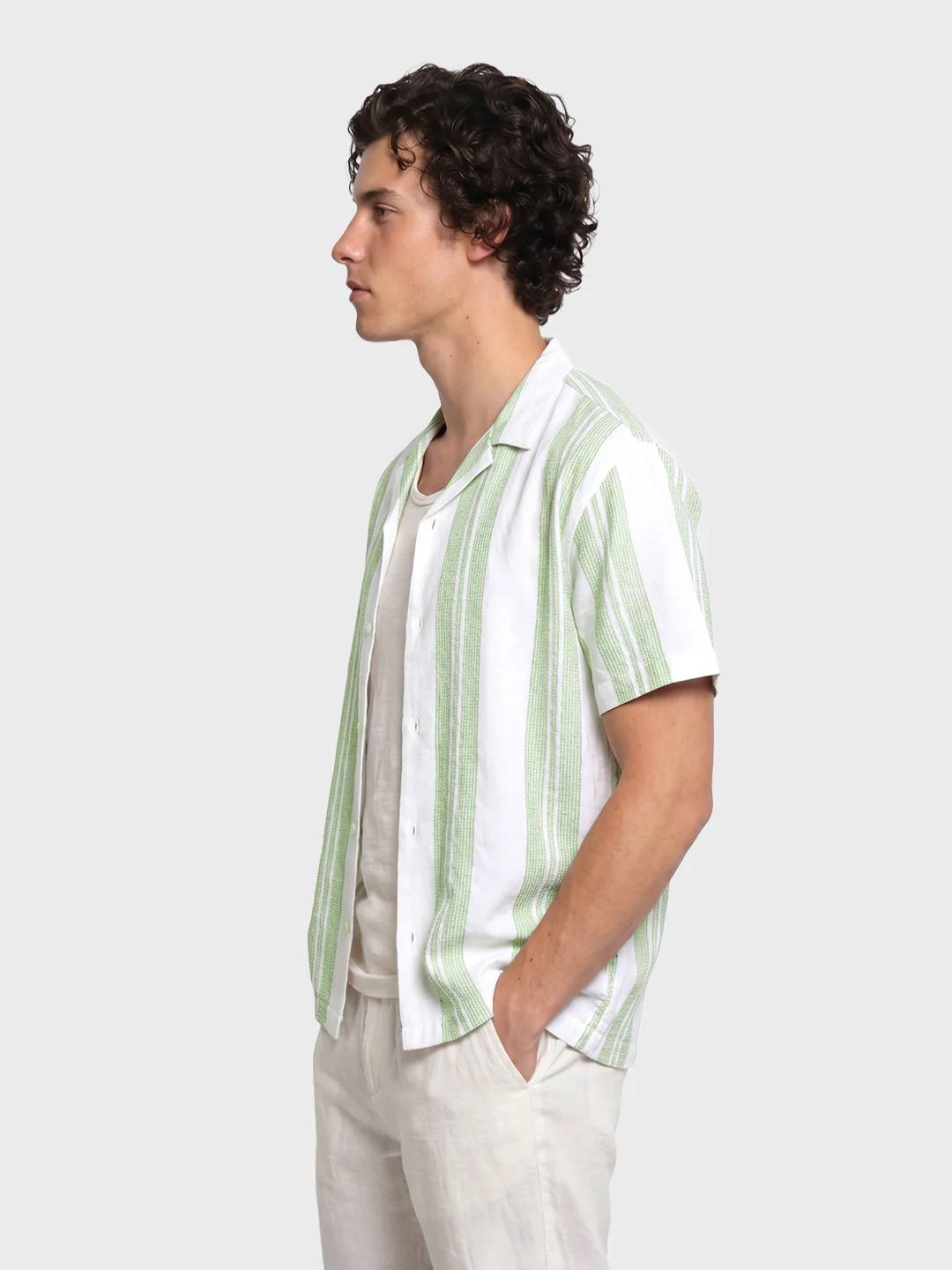 Men's Green Relaxed Fit Striped Resort Wear Shirt - Image 4
