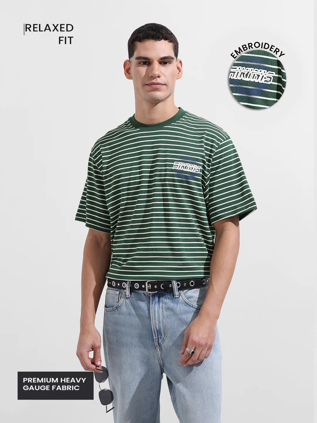 Men's Green Relaxed Fit Striped 240 GSM Street Wear T-Shirt - Image 2