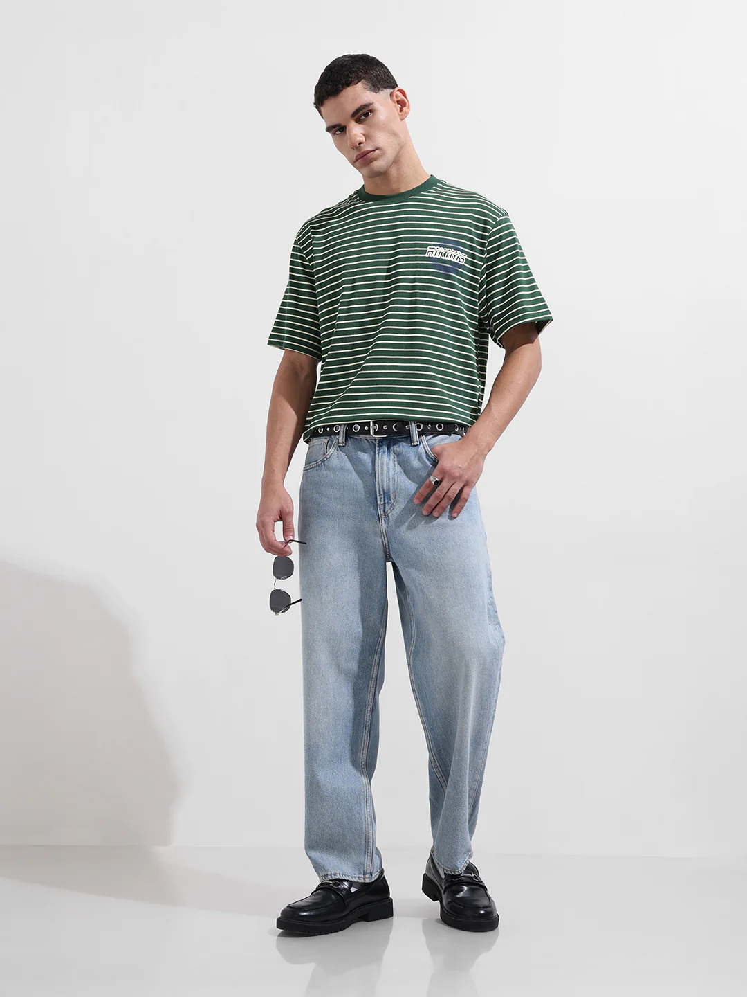 Men's Green Relaxed Fit Striped 240 GSM Street Wear T-Shirt - Image 3