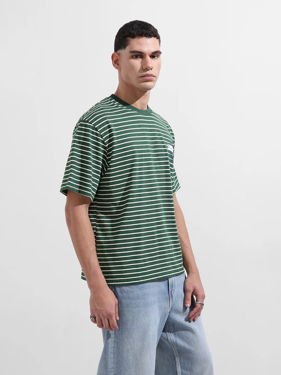 Men's Green Relaxed Fit Striped 240 GSM Street Wear T-Shirt - Image 4