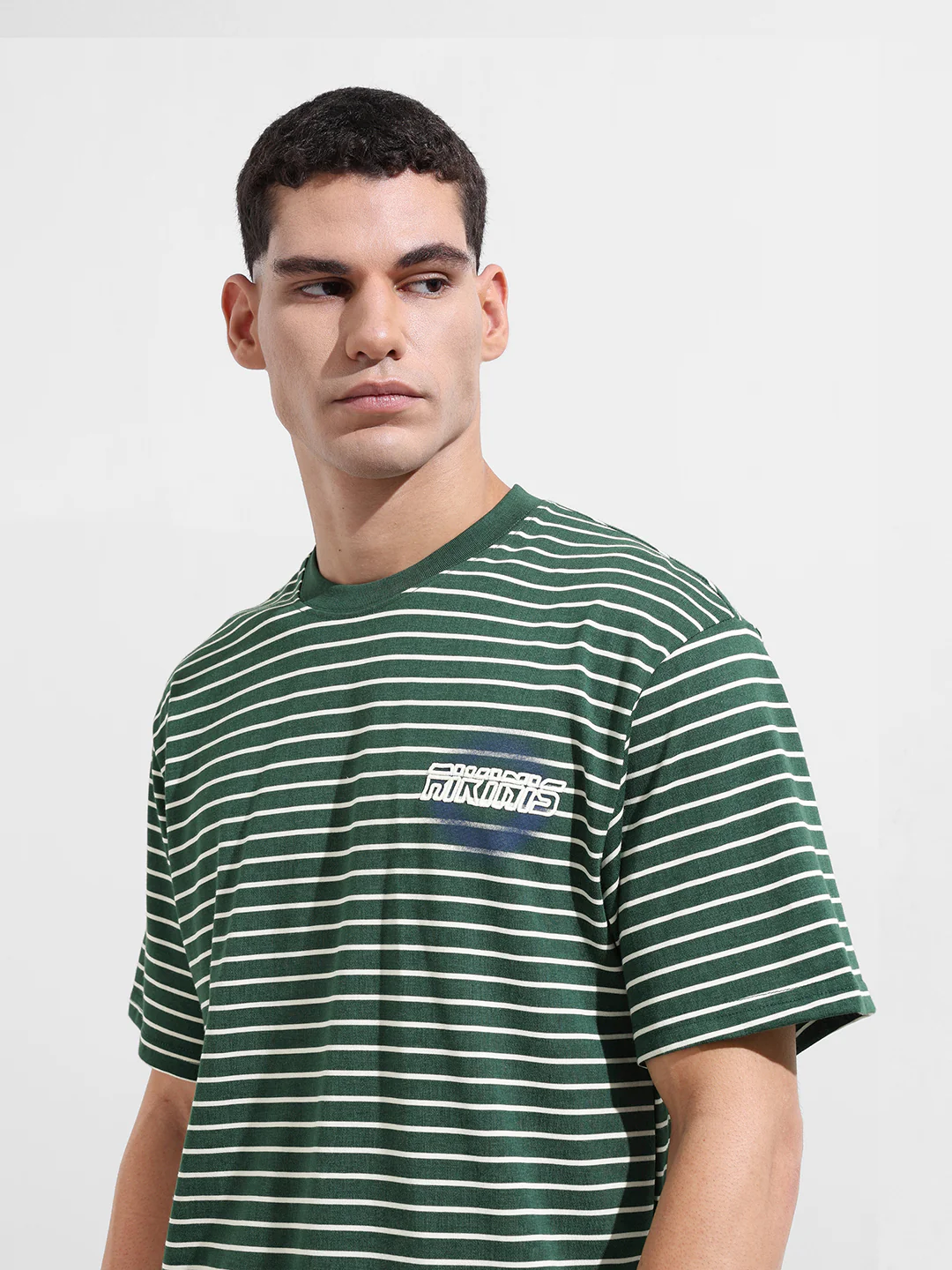 Men's Green Relaxed Fit Striped 240 GSM Street Wear T-Shirt - Image 5