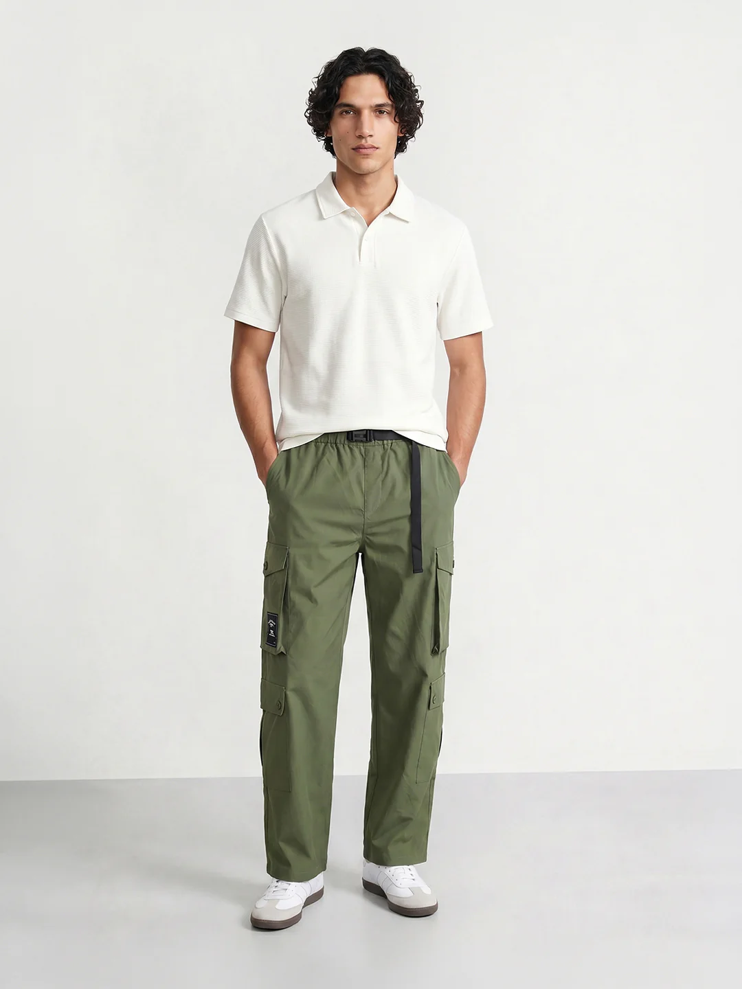 Men's Green Relaxed Fit Textured Utility Cargo - Image 6