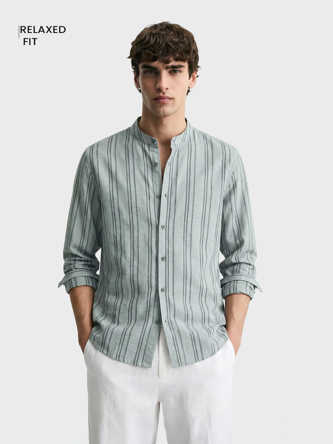 Men's Green Relaxed Fit Vertical Stripes Resort Wear Shirt - Image 2