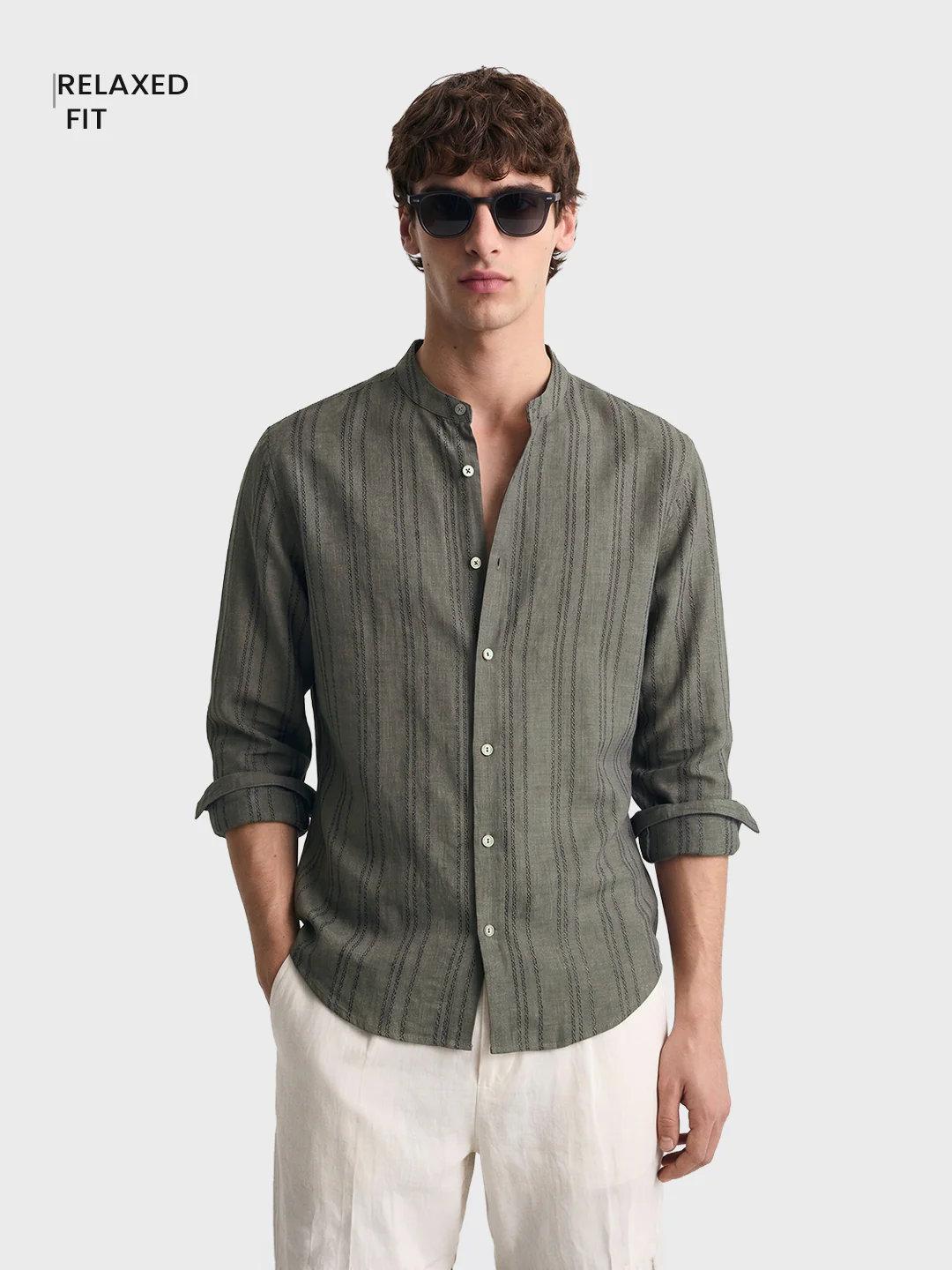 Men's Green Relaxed Fit Vertical Stripes Resort Wear Shirt - Image 2