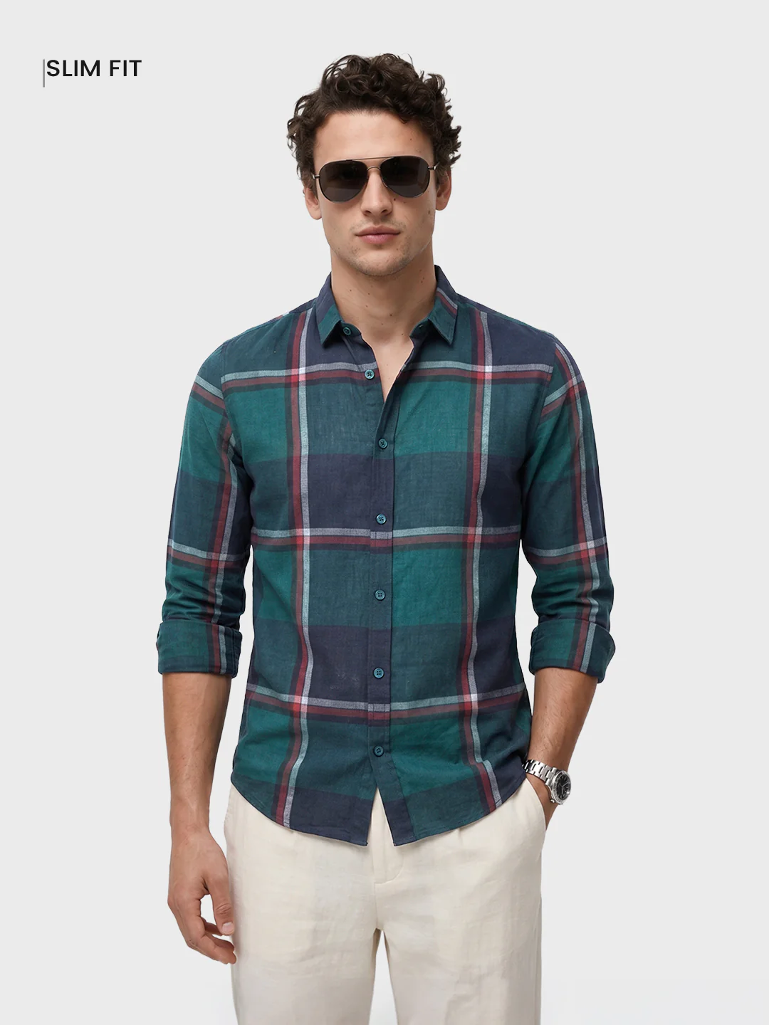 Men's Green Slim Fit Checked Casual Shirt - Image 2
