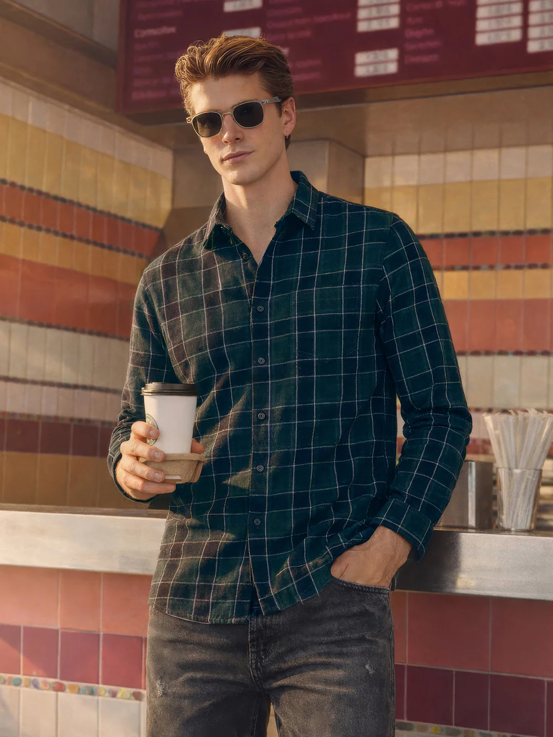 Men's Green Slim Fit Checkered Casual Shirt