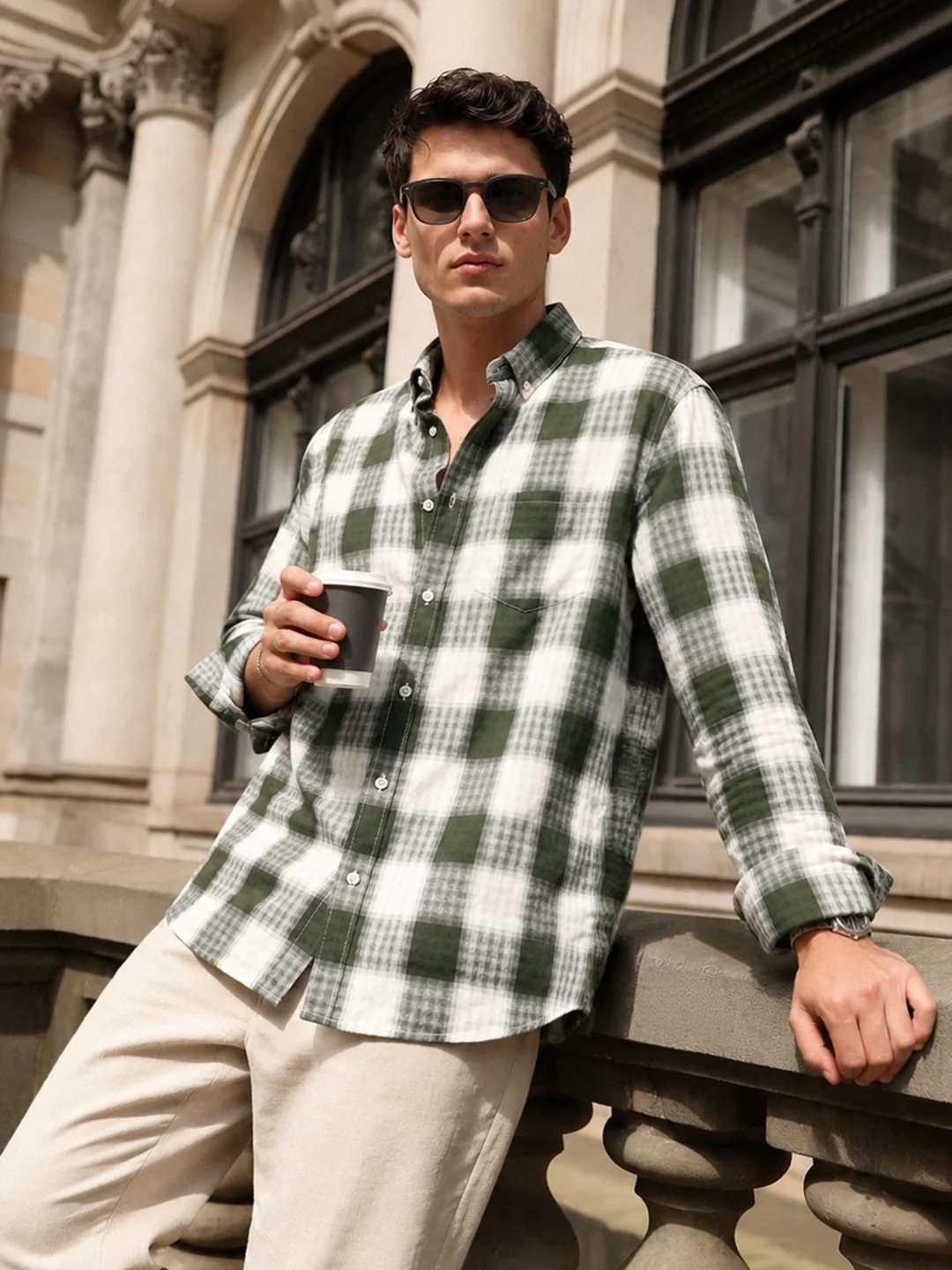 Men's Green Slim Fit Checkered Casual Shirt