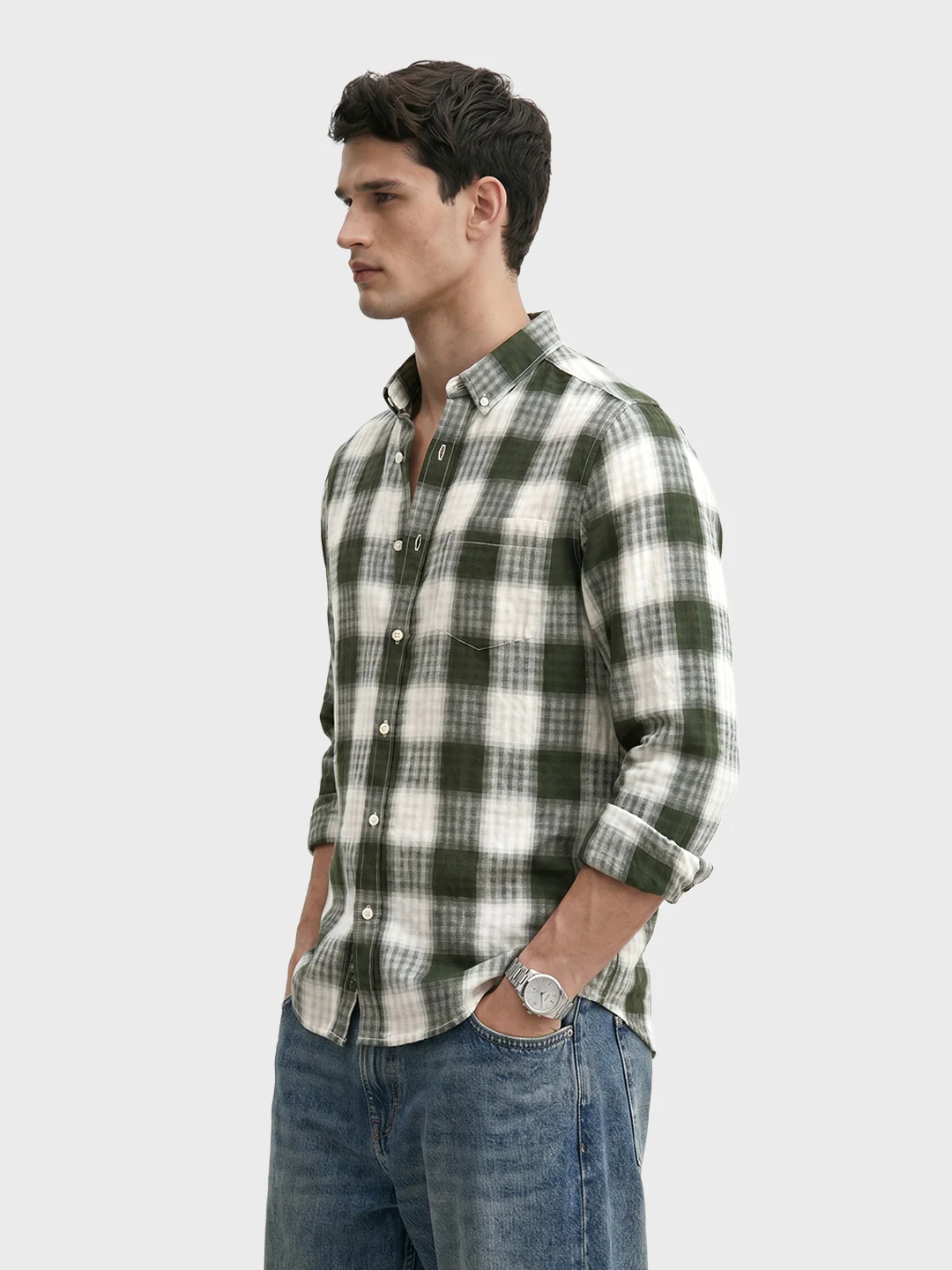 Men's Green Slim Fit Checkered Casual Shirt - Image 4